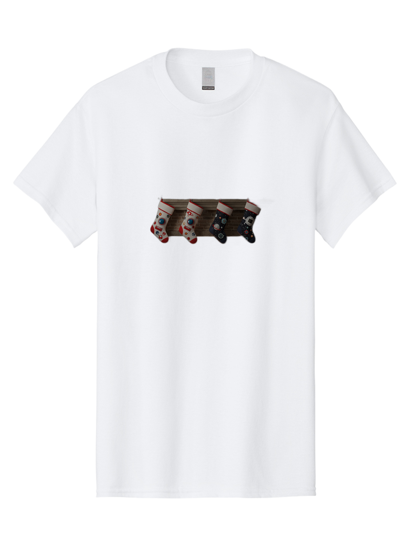 Astronaut-Christmas-Stockings Men'S Graphic Tee, 100% Cotton, Comfortable Casual Summer Wear, Machine Washable, Christmas Stockings, Holiday Decor, Festive Socks, Holiday Cheer, Wall Decoration, Brick Wall, Christmas Celebration, Bab650