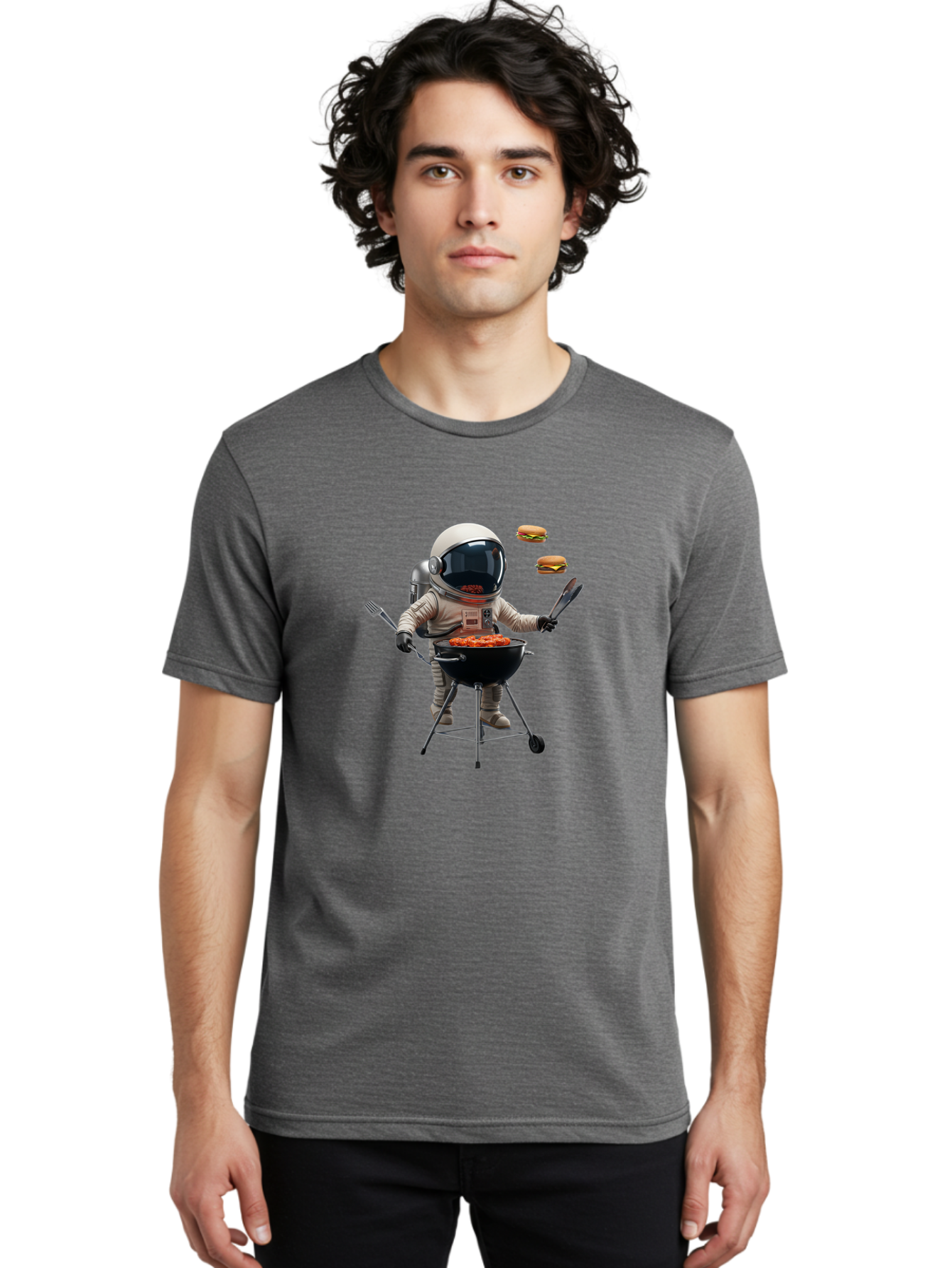 Astronaut-Grilling-Burgers Men'S Graphic Tee, 100% Cotton, Comfortable Casual Summer Wear, Machine Washable, Astronaut Grilling, Barbecue In Space, Floating Burgers, Chef In Space Suit, Grill Master, Casual Dining, Outdoor Cooking, Bab652
