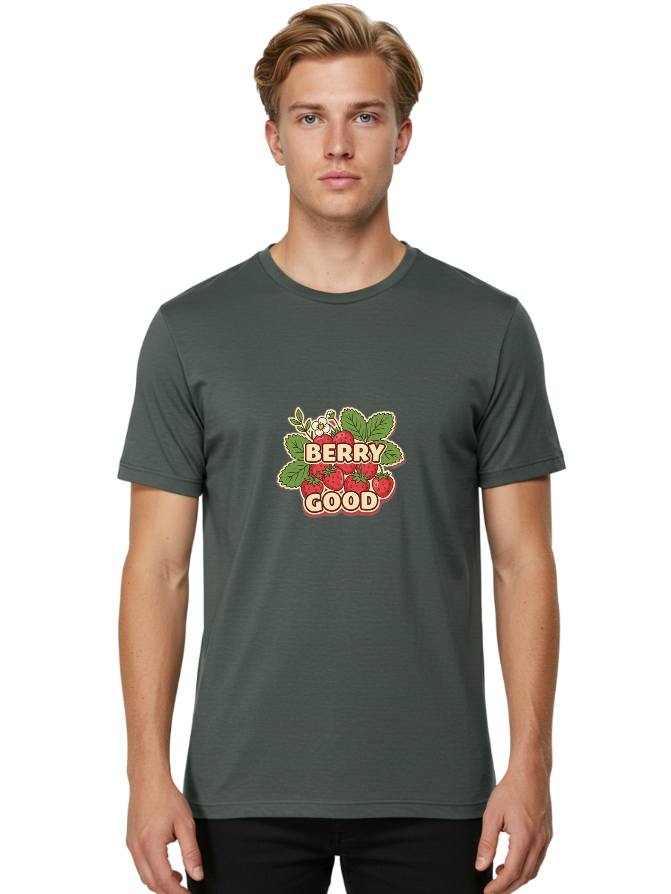 Berry-Good Men'S Graphic Tee, 100% Cotton, Comfortable Casual Summer Wear, Machine Washable, Strawberries, Fresh Fruit, Summer Vibes, Healthy Snack, Sweet Treats, Cartoon Illustration, Green Leaves, White Flowers, Bold Typography, Retro Style Bab677