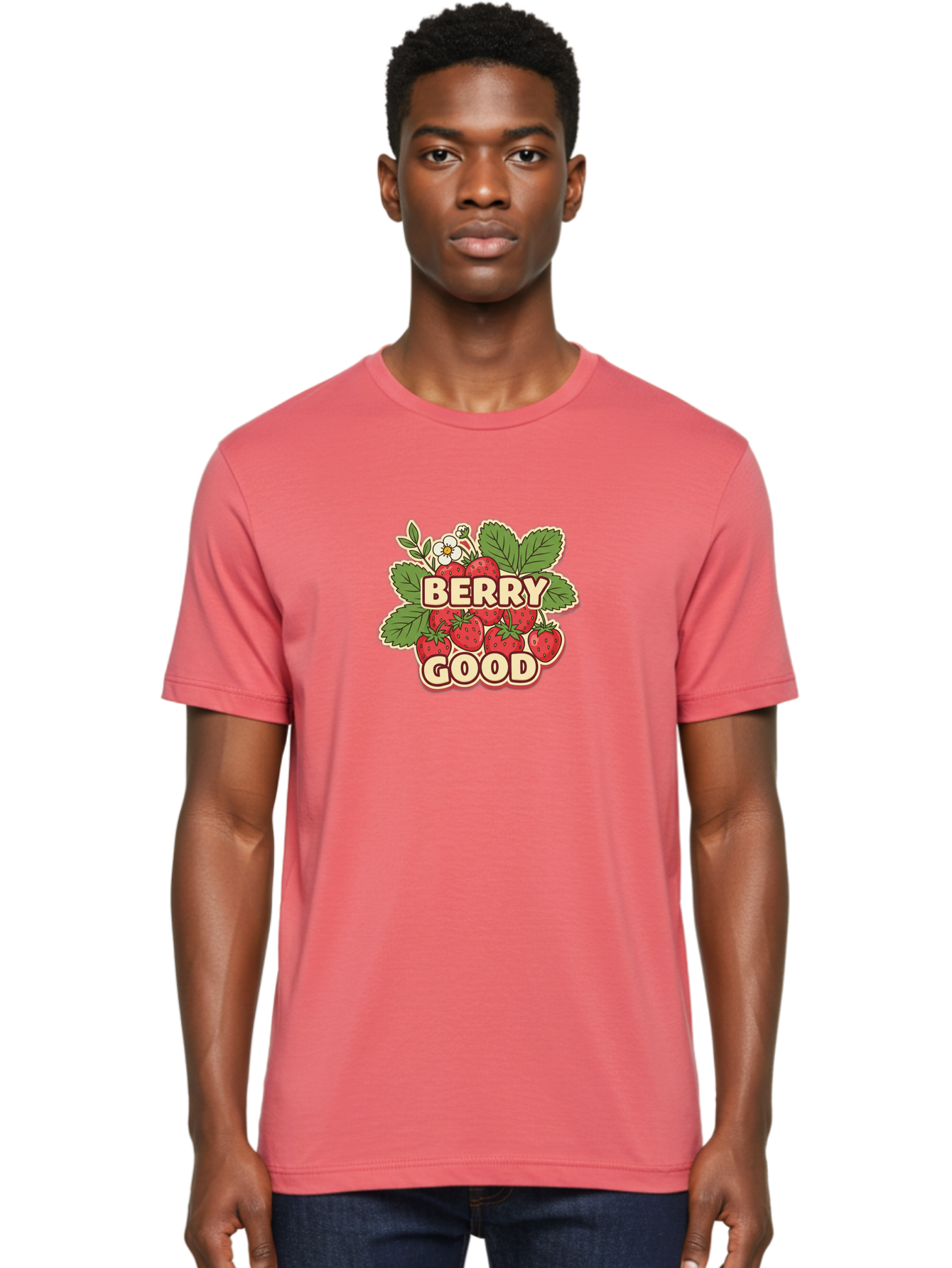 Berry-Good Men'S Graphic Tee, 100% Cotton, Comfortable Casual Summer Wear, Machine Washable, Strawberries, Fresh Fruit, Summer Vibes, Healthy Snack, Sweet Treats, Cartoon Illustration, Green Leaves, White Flowers, Bold Typography, Retro Style Bab677