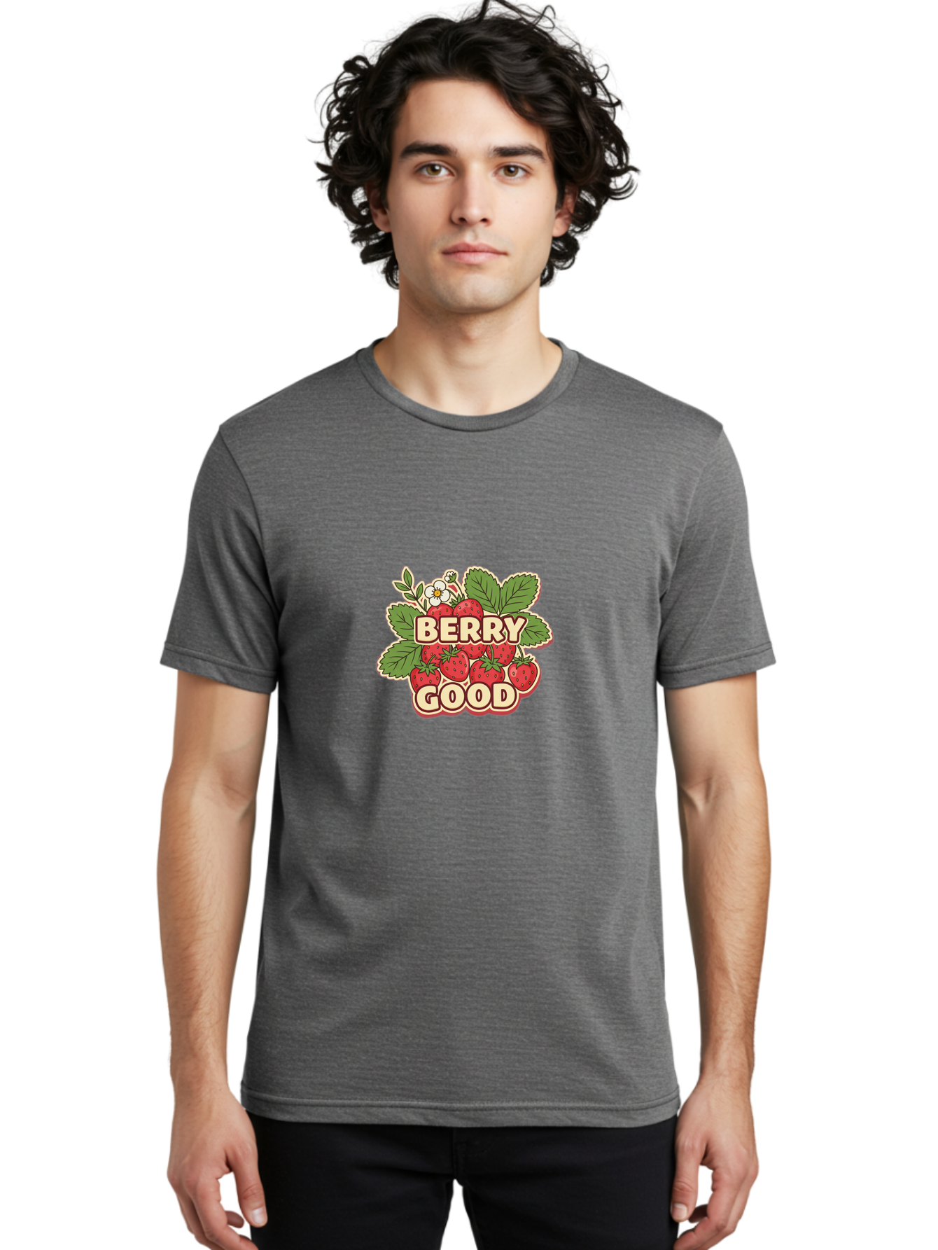 Berry-Good Men'S Graphic Tee, 100% Cotton, Comfortable Casual Summer Wear, Machine Washable, Strawberries, Fresh Fruit, Summer Vibes, Healthy Snack, Sweet Treats, Cartoon Illustration, Green Leaves, White Flowers, Bold Typography, Retro Style Bab677