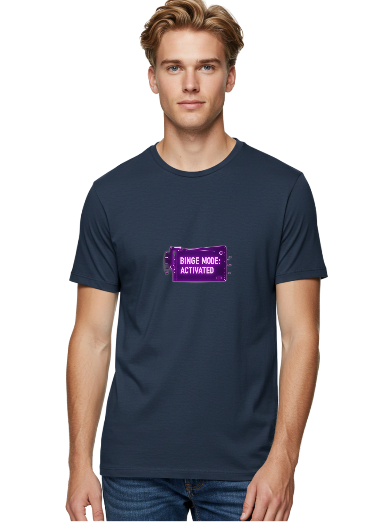 Binge-Mode-Activated-2 Men'S Graphic Tee, 100% Cotton, Comfortable Casual Summer Wear, Machine Washable, Binge Watching, Tv Show Obsession, Streaming Service, Entertainment, Media Consumption, Purple Screen, Electronic Device, Bab680