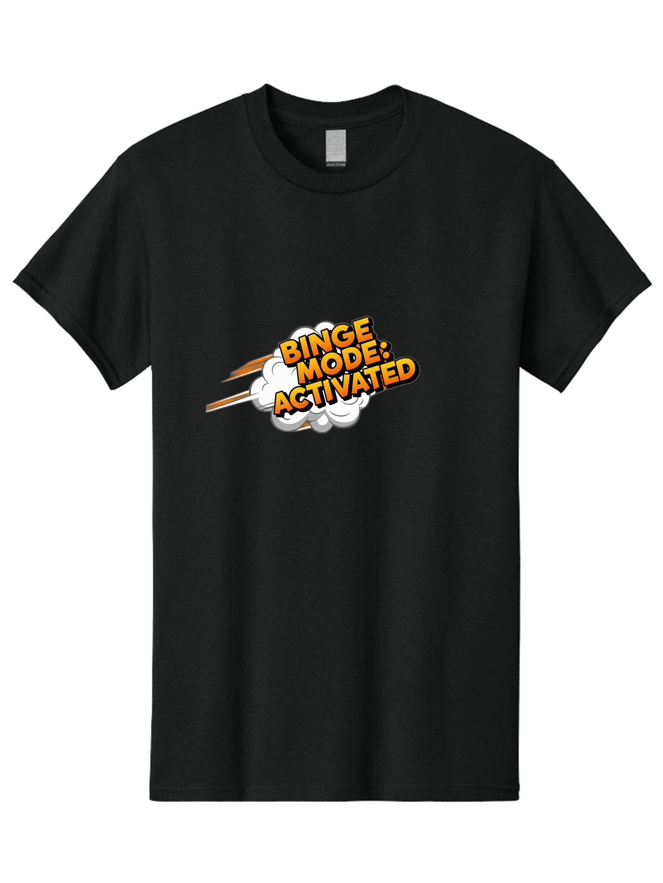 Binge-Mode-Activated-3 Men'S Graphic Tee, 100% Cotton, Comfortable Casual Summer Wear, Machine Washable, Binge Mode: Activated, Comic Book Style, Cartoon Text, Orange Font, Dynamic Motion, White Cloud, Humorous Phrase, Entertainment Mode, Bab681