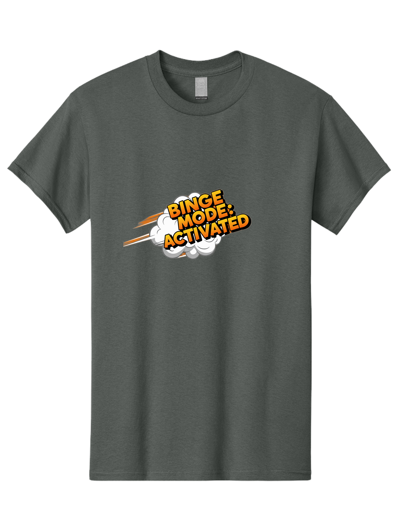 Binge-Mode-Activated-3 Men'S Graphic Tee, 100% Cotton, Comfortable Casual Summer Wear, Machine Washable, Binge Mode: Activated, Comic Book Style, Cartoon Text, Orange Font, Dynamic Motion, White Cloud, Humorous Phrase, Entertainment Mode, Bab681