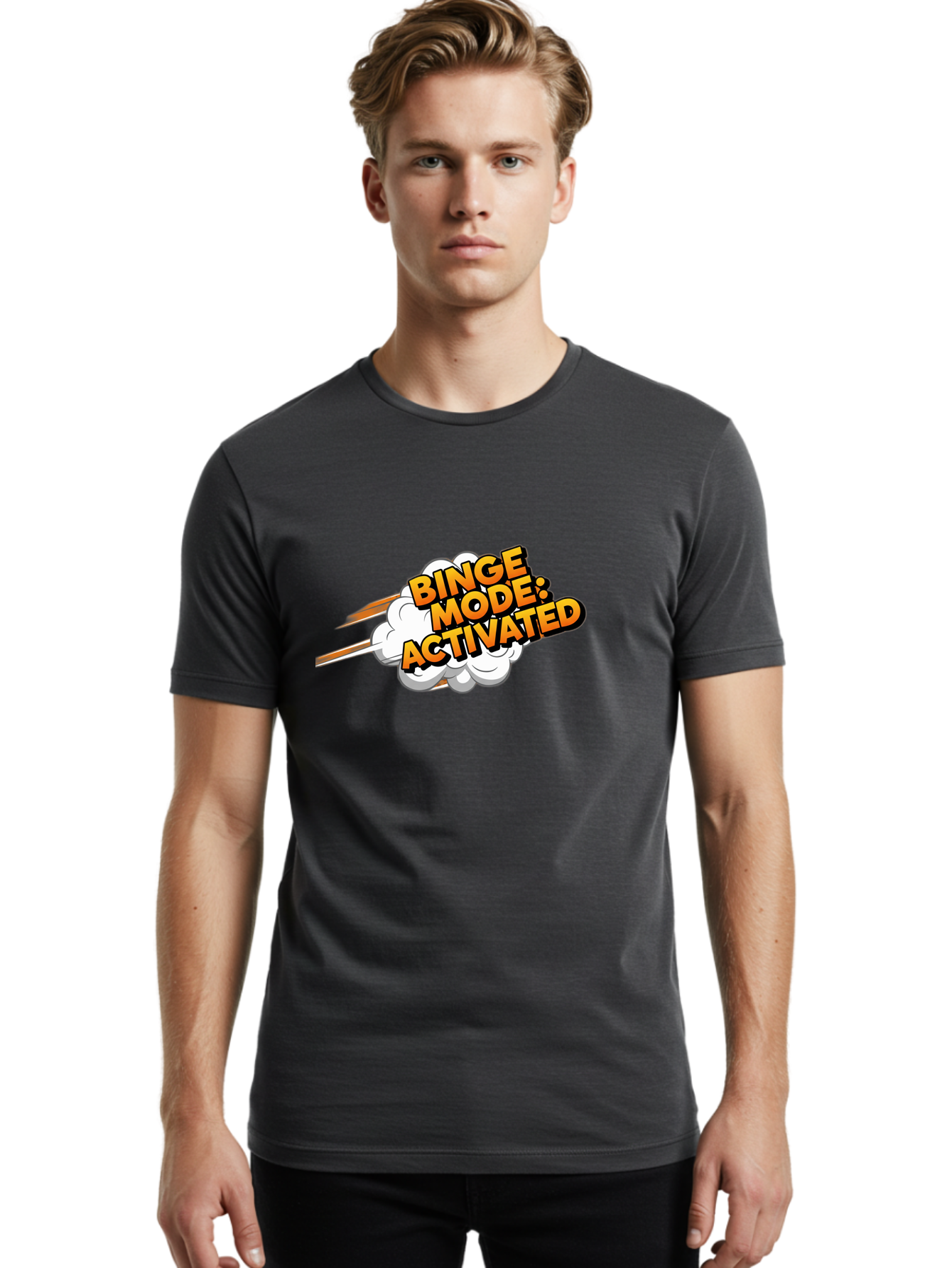 Binge-Mode-Activated-3 Men'S Graphic Tee, 100% Cotton, Comfortable Casual Summer Wear, Machine Washable, Binge Mode: Activated, Comic Book Style, Cartoon Text, Orange Font, Dynamic Motion, White Cloud, Humorous Phrase, Entertainment Mode, Bab681
