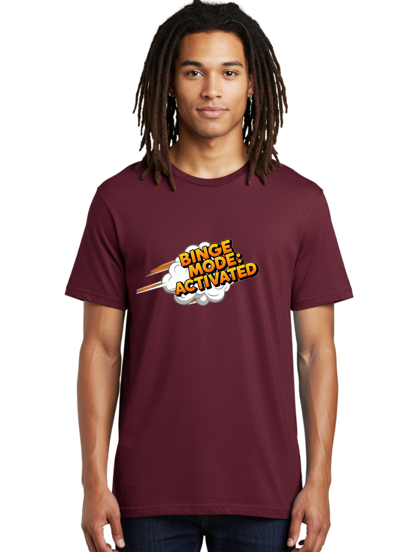 Binge-Mode-Activated-3 Men'S Graphic Tee, 100% Cotton, Comfortable Casual Summer Wear, Machine Washable, Binge Mode: Activated, Comic Book Style, Cartoon Text, Orange Font, Dynamic Motion, White Cloud, Humorous Phrase, Entertainment Mode, Bab681
