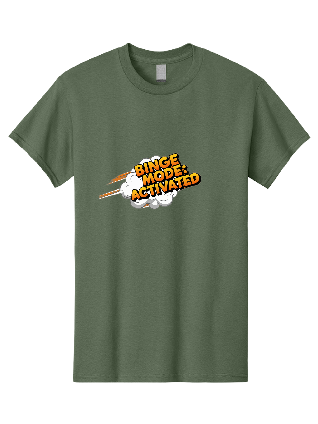 Binge-Mode-Activated-3 Men'S Graphic Tee, 100% Cotton, Comfortable Casual Summer Wear, Machine Washable, Binge Mode: Activated, Comic Book Style, Cartoon Text, Orange Font, Dynamic Motion, White Cloud, Humorous Phrase, Entertainment Mode, Bab681
