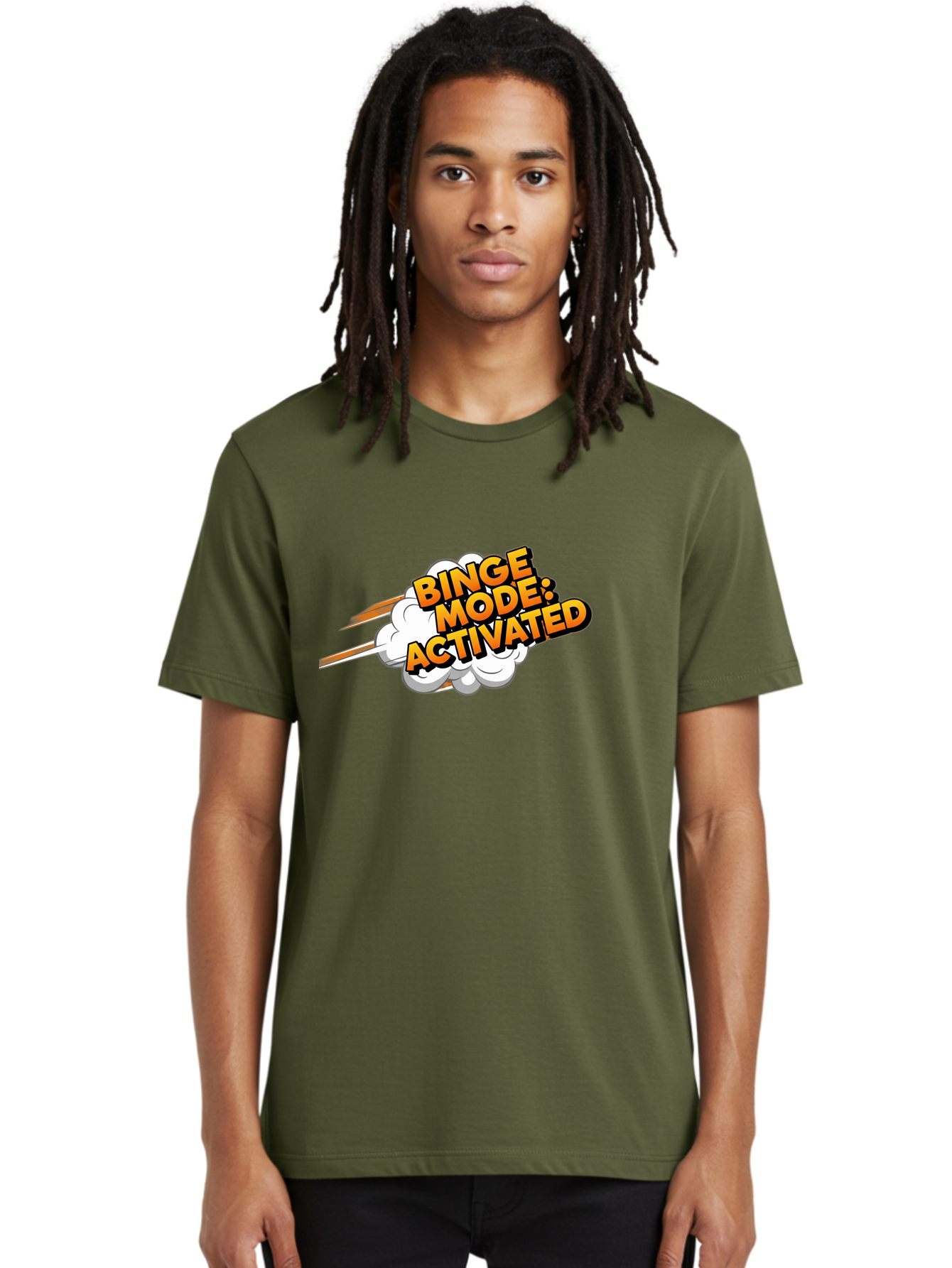 Binge-Mode-Activated-3 Men'S Graphic Tee, 100% Cotton, Comfortable Casual Summer Wear, Machine Washable, Binge Mode: Activated, Comic Book Style, Cartoon Text, Orange Font, Dynamic Motion, White Cloud, Humorous Phrase, Entertainment Mode, Bab681