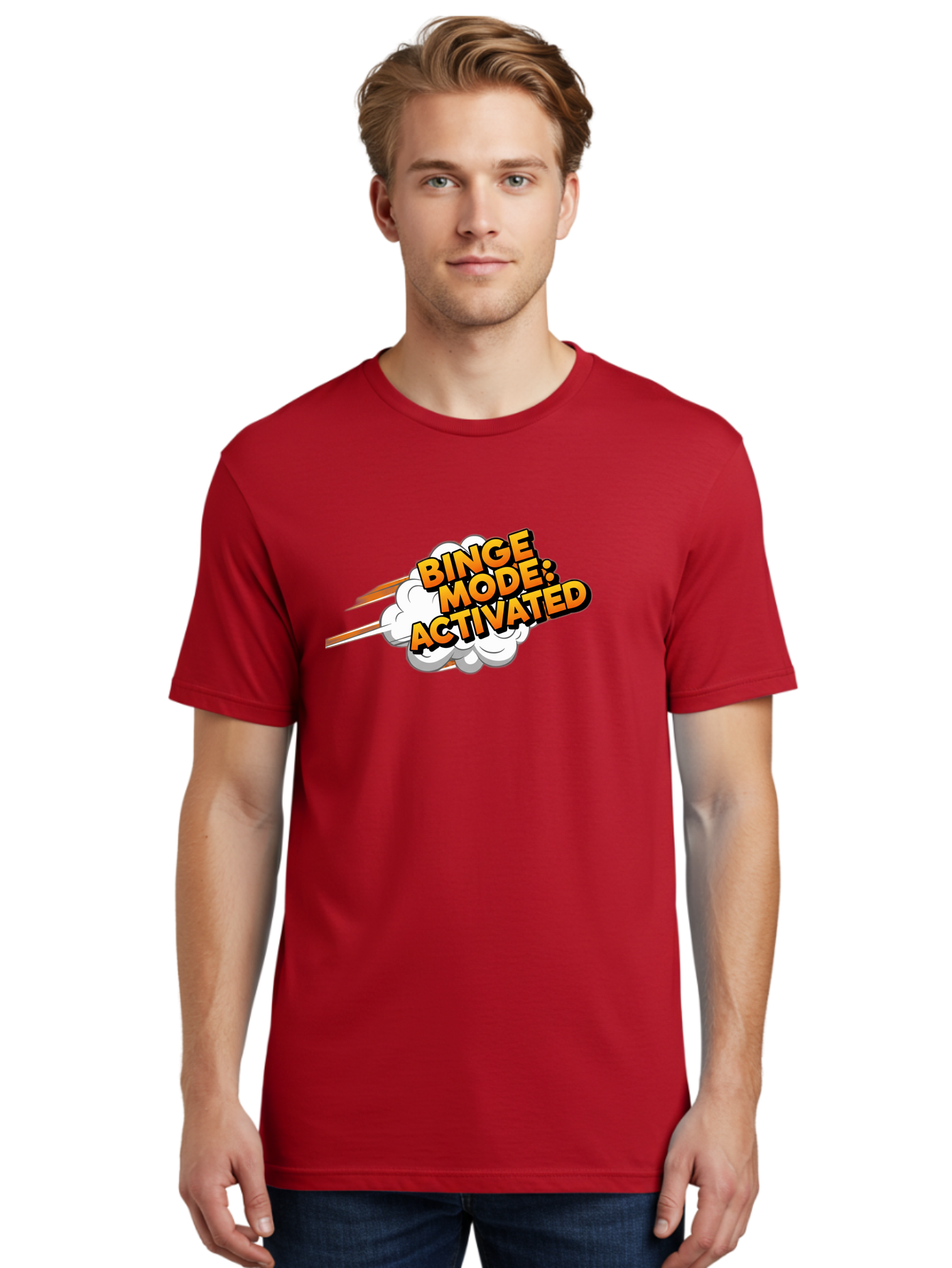 Binge-Mode-Activated-3 Men'S Graphic Tee, 100% Cotton, Comfortable Casual Summer Wear, Machine Washable, Binge Mode: Activated, Comic Book Style, Cartoon Text, Orange Font, Dynamic Motion, White Cloud, Humorous Phrase, Entertainment Mode, Bab681