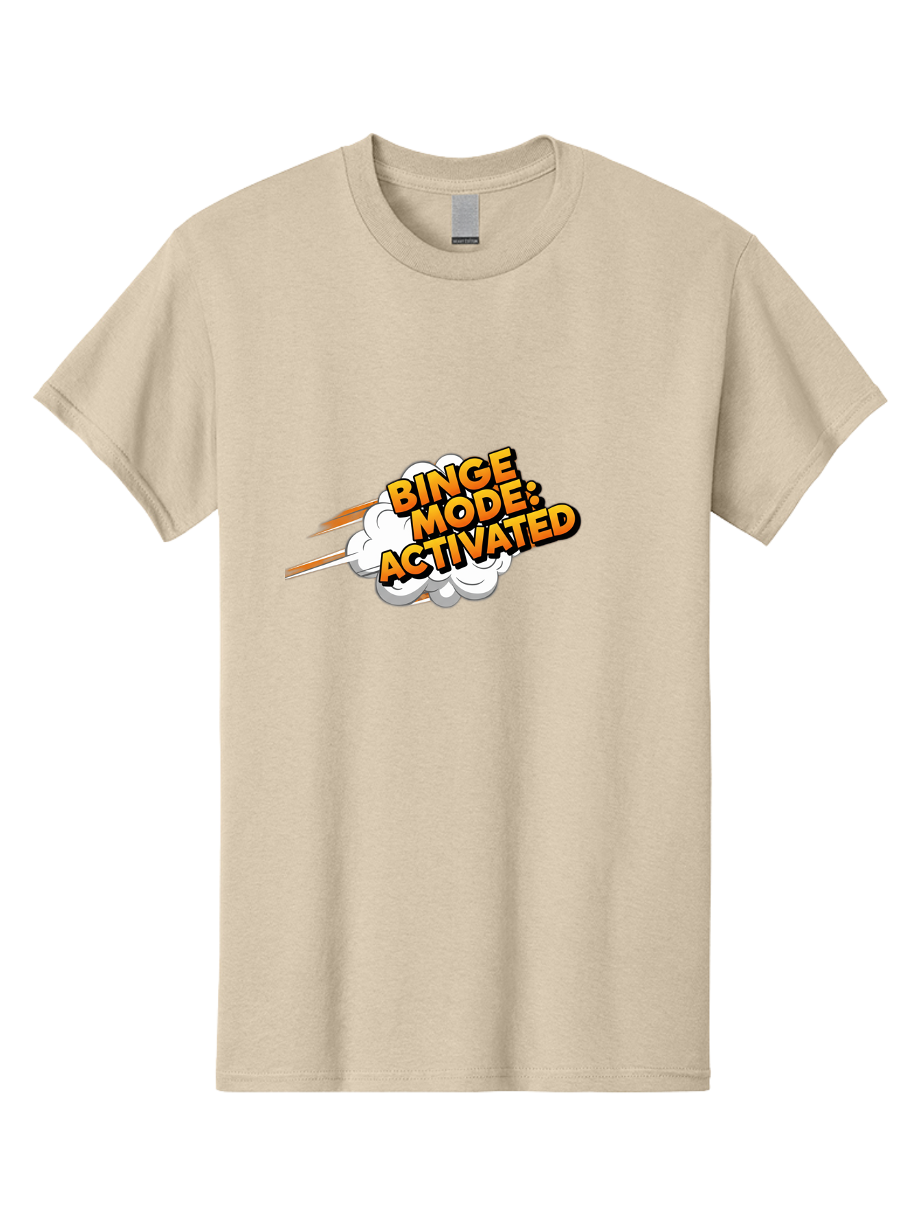 Binge-Mode-Activated-3 Men'S Graphic Tee, 100% Cotton, Comfortable Casual Summer Wear, Machine Washable, Binge Mode: Activated, Comic Book Style, Cartoon Text, Orange Font, Dynamic Motion, White Cloud, Humorous Phrase, Entertainment Mode, Bab681