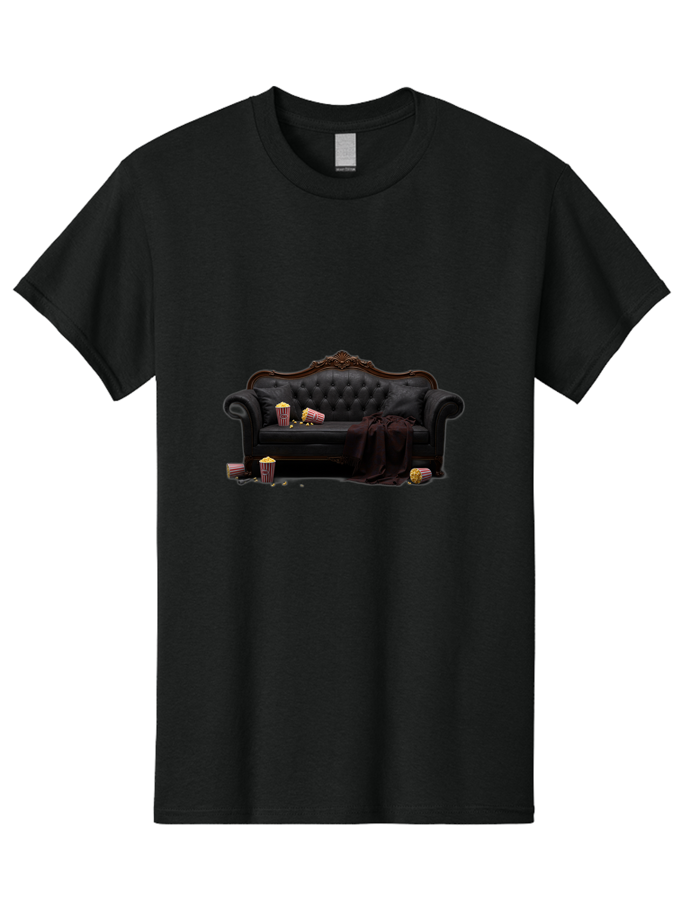 Black-Leather-Couch Men'S Graphic Tee, 100% Cotton, Comfortable Casual Summer Wear, Machine Washable, Black Leather Sofa, Tufted Design, Chocolate Brown Trim, Scattered Popcorn, Striped Popcorn Buckets, Cozy Living Room, Luxurious Furniture, Bab684