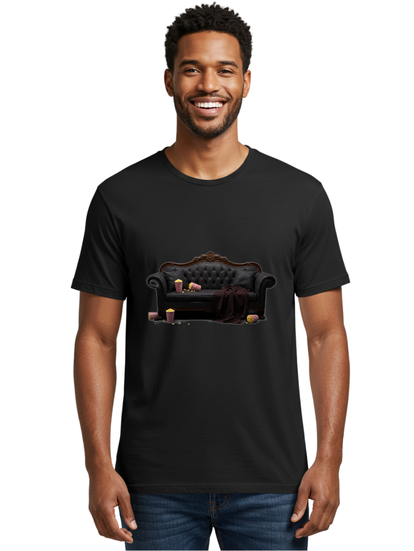 Black-Leather-Couch Men'S Graphic Tee, 100% Cotton, Comfortable Casual Summer Wear, Machine Washable, Black Leather Sofa, Tufted Design, Chocolate Brown Trim, Scattered Popcorn, Striped Popcorn Buckets, Cozy Living Room, Luxurious Furniture, Bab684