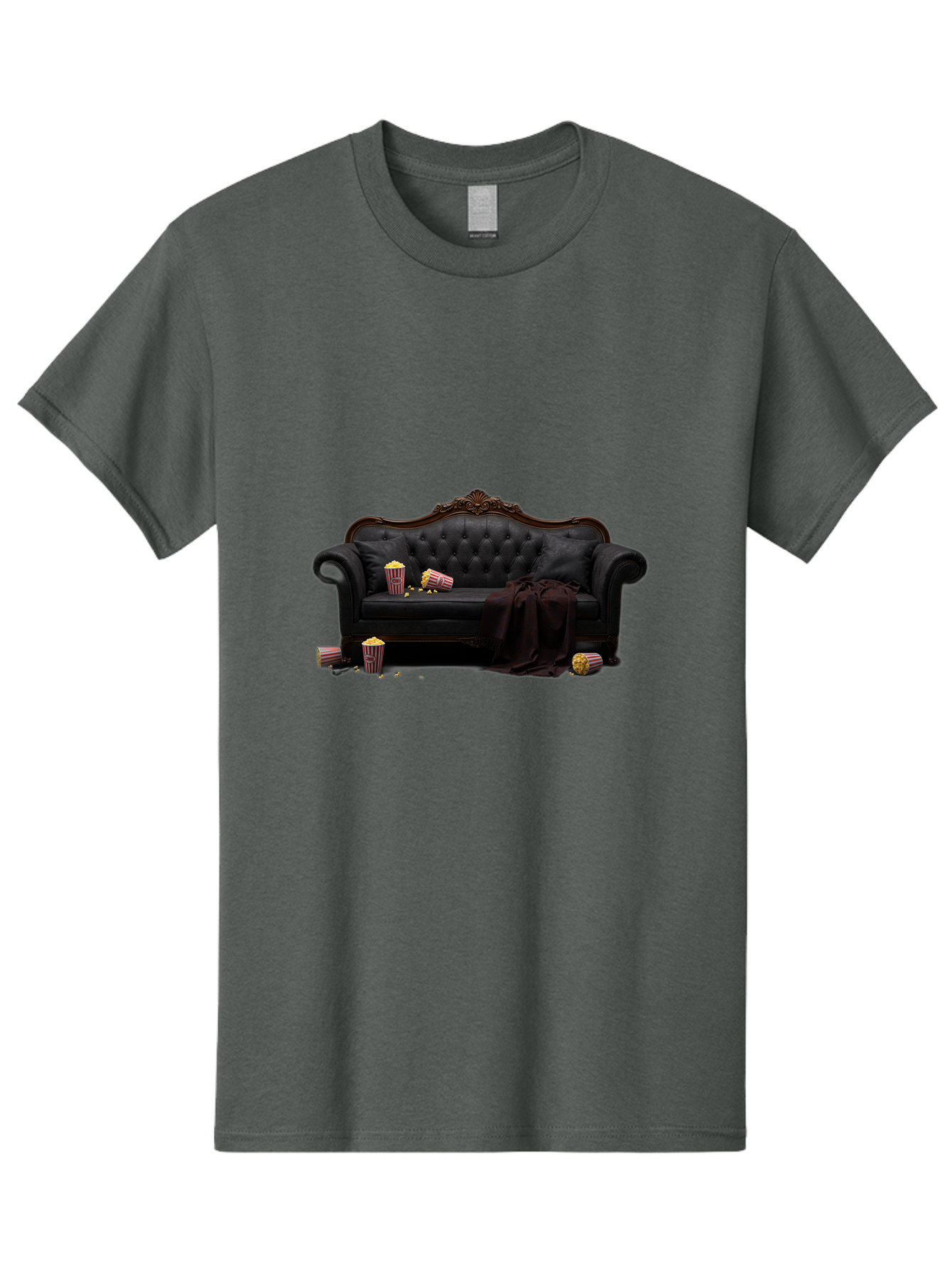 Black-Leather-Couch Men'S Graphic Tee, 100% Cotton, Comfortable Casual Summer Wear, Machine Washable, Black Leather Sofa, Tufted Design, Chocolate Brown Trim, Scattered Popcorn, Striped Popcorn Buckets, Cozy Living Room, Luxurious Furniture, Bab684