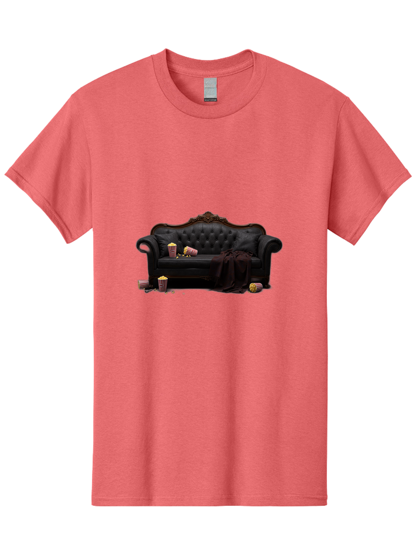 Black-Leather-Couch Men'S Graphic Tee, 100% Cotton, Comfortable Casual Summer Wear, Machine Washable, Black Leather Sofa, Tufted Design, Chocolate Brown Trim, Scattered Popcorn, Striped Popcorn Buckets, Cozy Living Room, Luxurious Furniture, Bab684