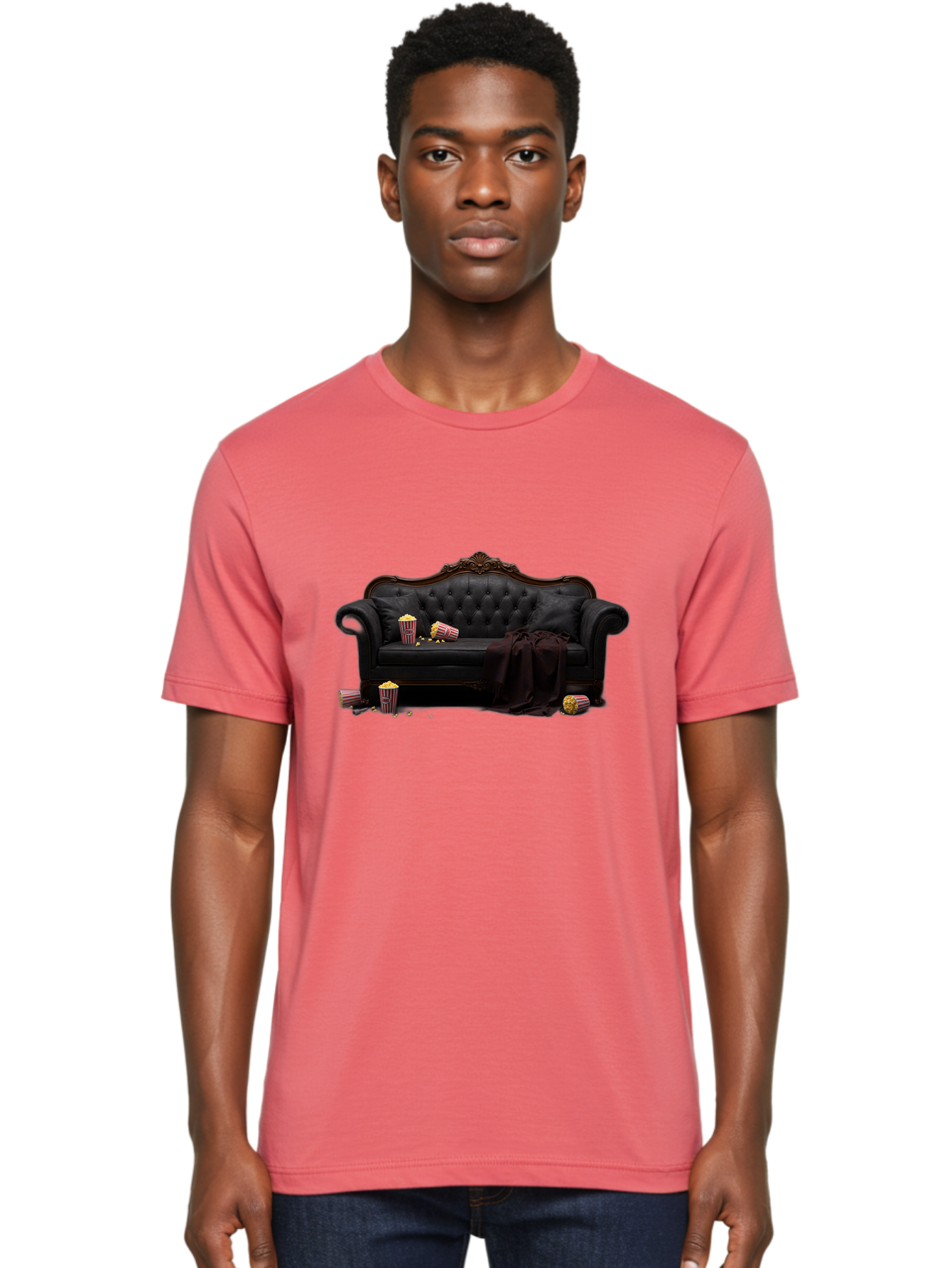 Black-Leather-Couch Men'S Graphic Tee, 100% Cotton, Comfortable Casual Summer Wear, Machine Washable, Black Leather Sofa, Tufted Design, Chocolate Brown Trim, Scattered Popcorn, Striped Popcorn Buckets, Cozy Living Room, Luxurious Furniture, Bab684