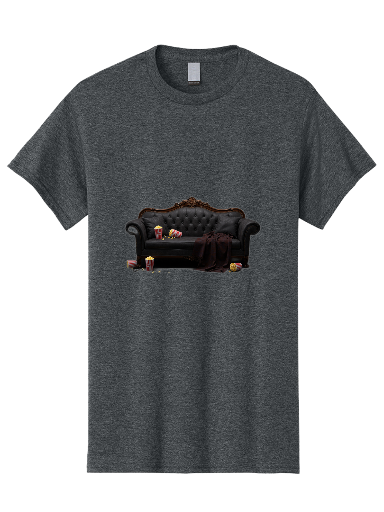 Black-Leather-Couch Men'S Graphic Tee, 100% Cotton, Comfortable Casual Summer Wear, Machine Washable, Black Leather Sofa, Tufted Design, Chocolate Brown Trim, Scattered Popcorn, Striped Popcorn Buckets, Cozy Living Room, Luxurious Furniture, Bab684