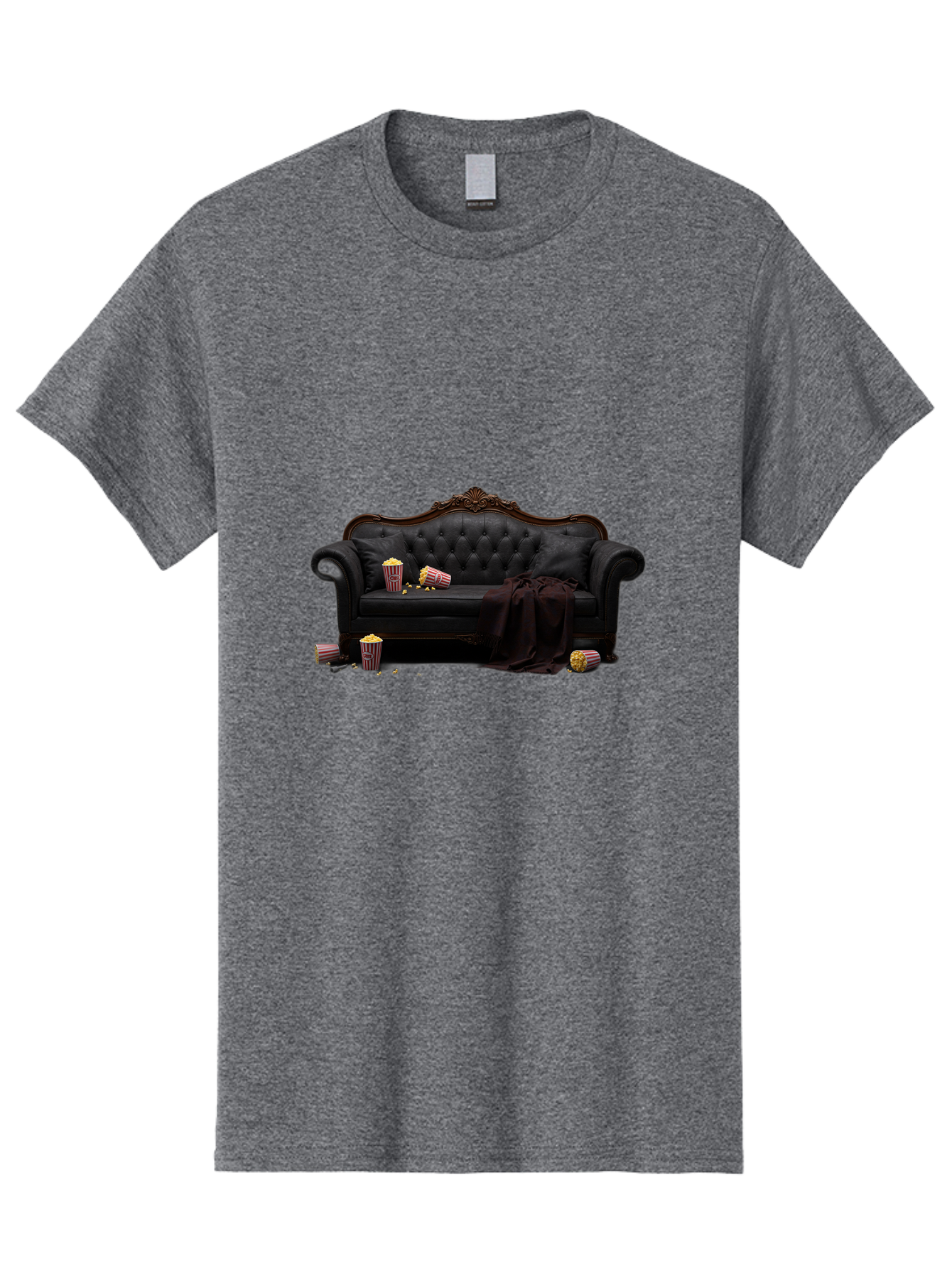 Black-Leather-Couch Men'S Graphic Tee, 100% Cotton, Comfortable Casual Summer Wear, Machine Washable, Black Leather Sofa, Tufted Design, Chocolate Brown Trim, Scattered Popcorn, Striped Popcorn Buckets, Cozy Living Room, Luxurious Furniture, Bab684