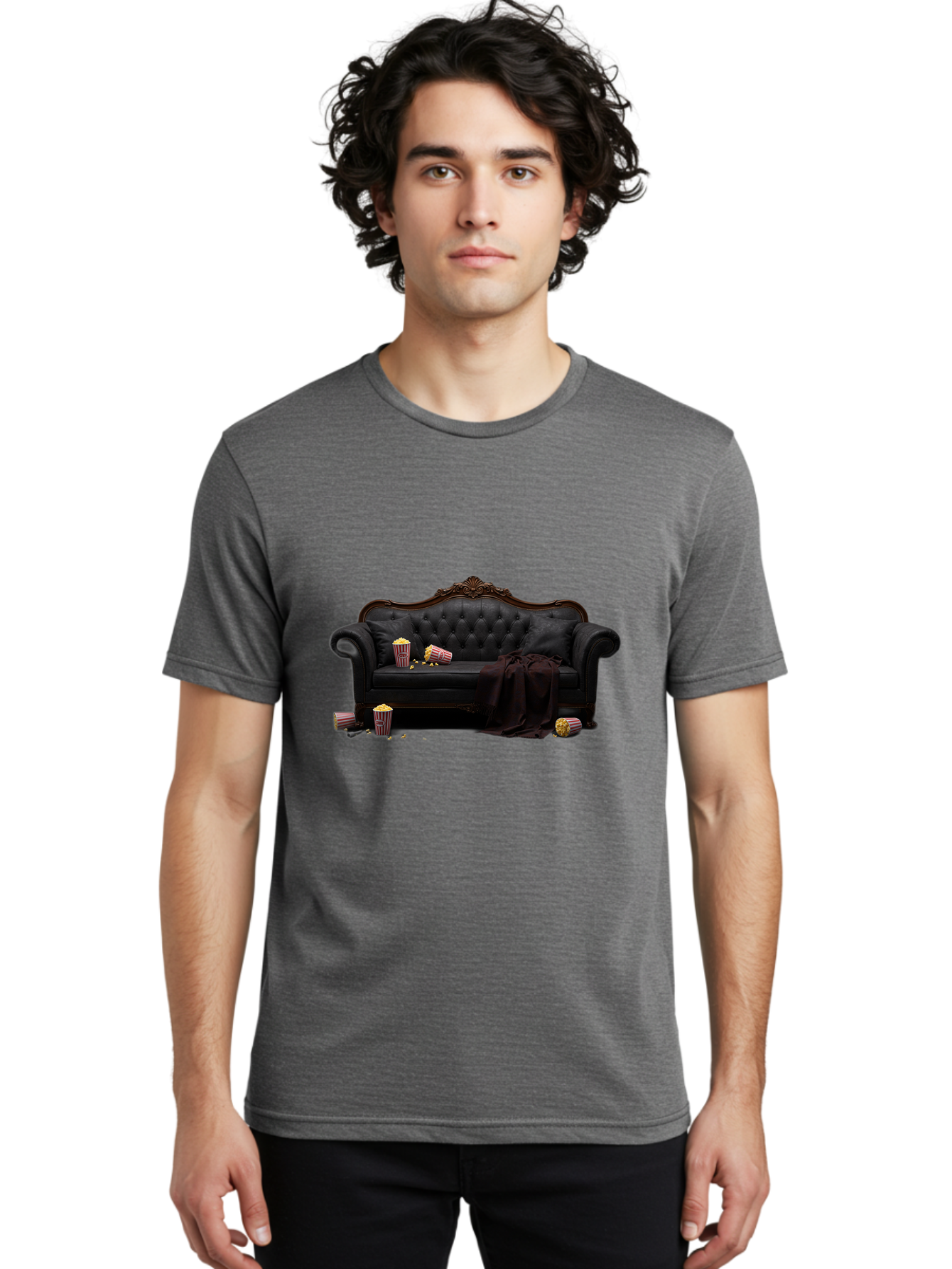 Black-Leather-Couch Men'S Graphic Tee, 100% Cotton, Comfortable Casual Summer Wear, Machine Washable, Black Leather Sofa, Tufted Design, Chocolate Brown Trim, Scattered Popcorn, Striped Popcorn Buckets, Cozy Living Room, Luxurious Furniture, Bab684