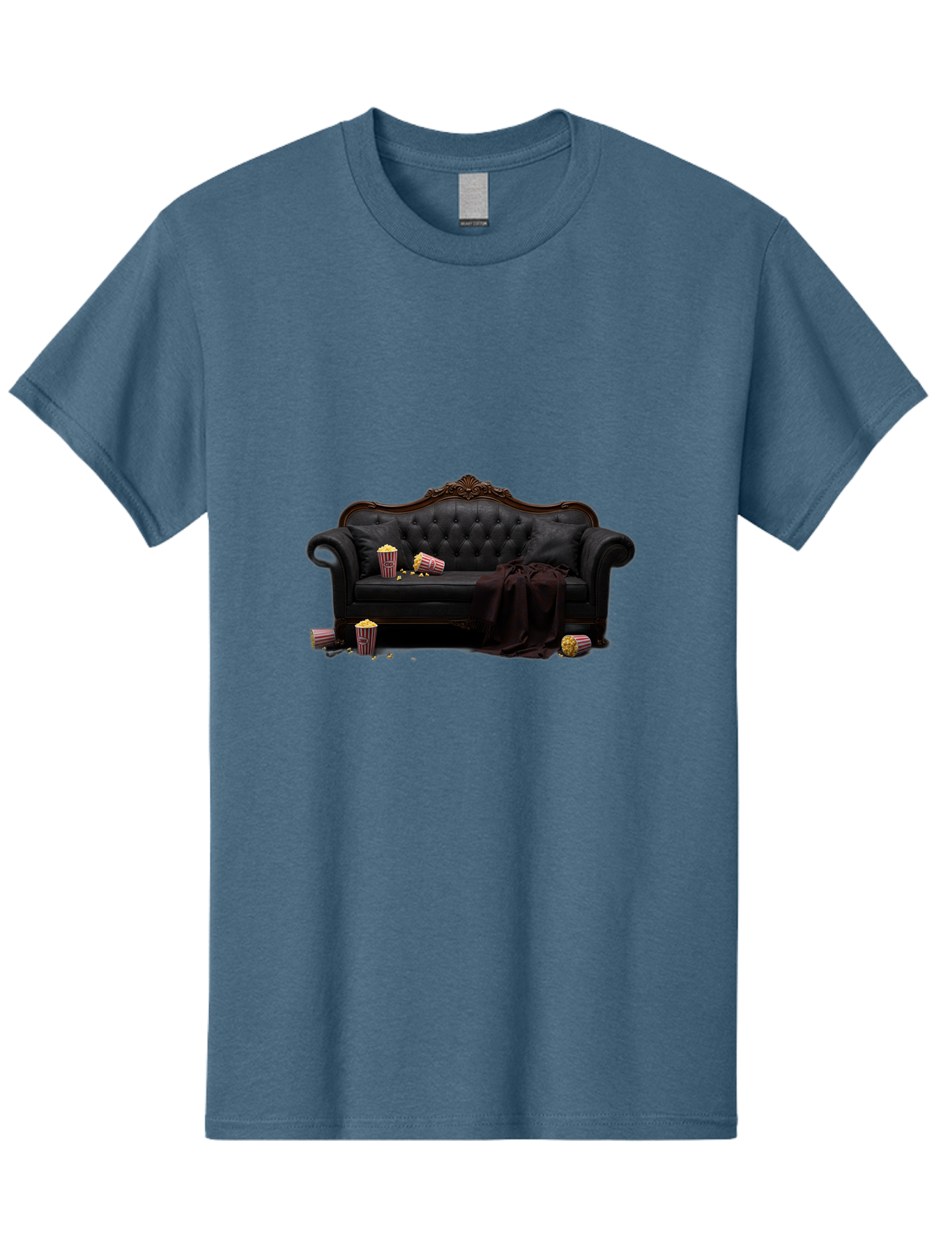 Black-Leather-Couch Men'S Graphic Tee, 100% Cotton, Comfortable Casual Summer Wear, Machine Washable, Black Leather Sofa, Tufted Design, Chocolate Brown Trim, Scattered Popcorn, Striped Popcorn Buckets, Cozy Living Room, Luxurious Furniture, Bab684