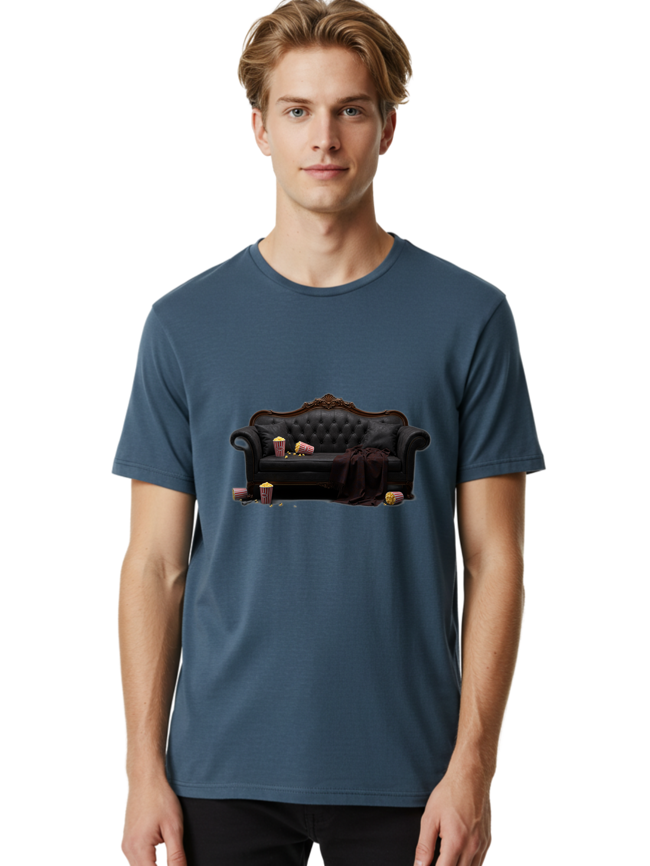 Black-Leather-Couch Men'S Graphic Tee, 100% Cotton, Comfortable Casual Summer Wear, Machine Washable, Black Leather Sofa, Tufted Design, Chocolate Brown Trim, Scattered Popcorn, Striped Popcorn Buckets, Cozy Living Room, Luxurious Furniture, Bab684