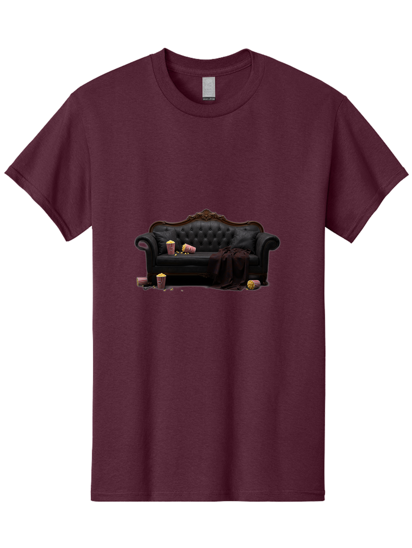 Black-Leather-Couch Men'S Graphic Tee, 100% Cotton, Comfortable Casual Summer Wear, Machine Washable, Black Leather Sofa, Tufted Design, Chocolate Brown Trim, Scattered Popcorn, Striped Popcorn Buckets, Cozy Living Room, Luxurious Furniture, Bab684