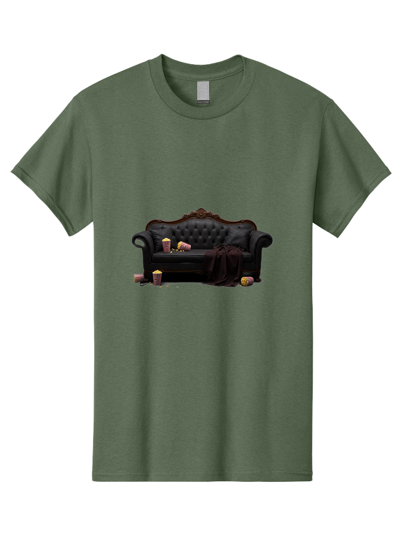 Black-Leather-Couch Men'S Graphic Tee, 100% Cotton, Comfortable Casual Summer Wear, Machine Washable, Black Leather Sofa, Tufted Design, Chocolate Brown Trim, Scattered Popcorn, Striped Popcorn Buckets, Cozy Living Room, Luxurious Furniture, Bab684
