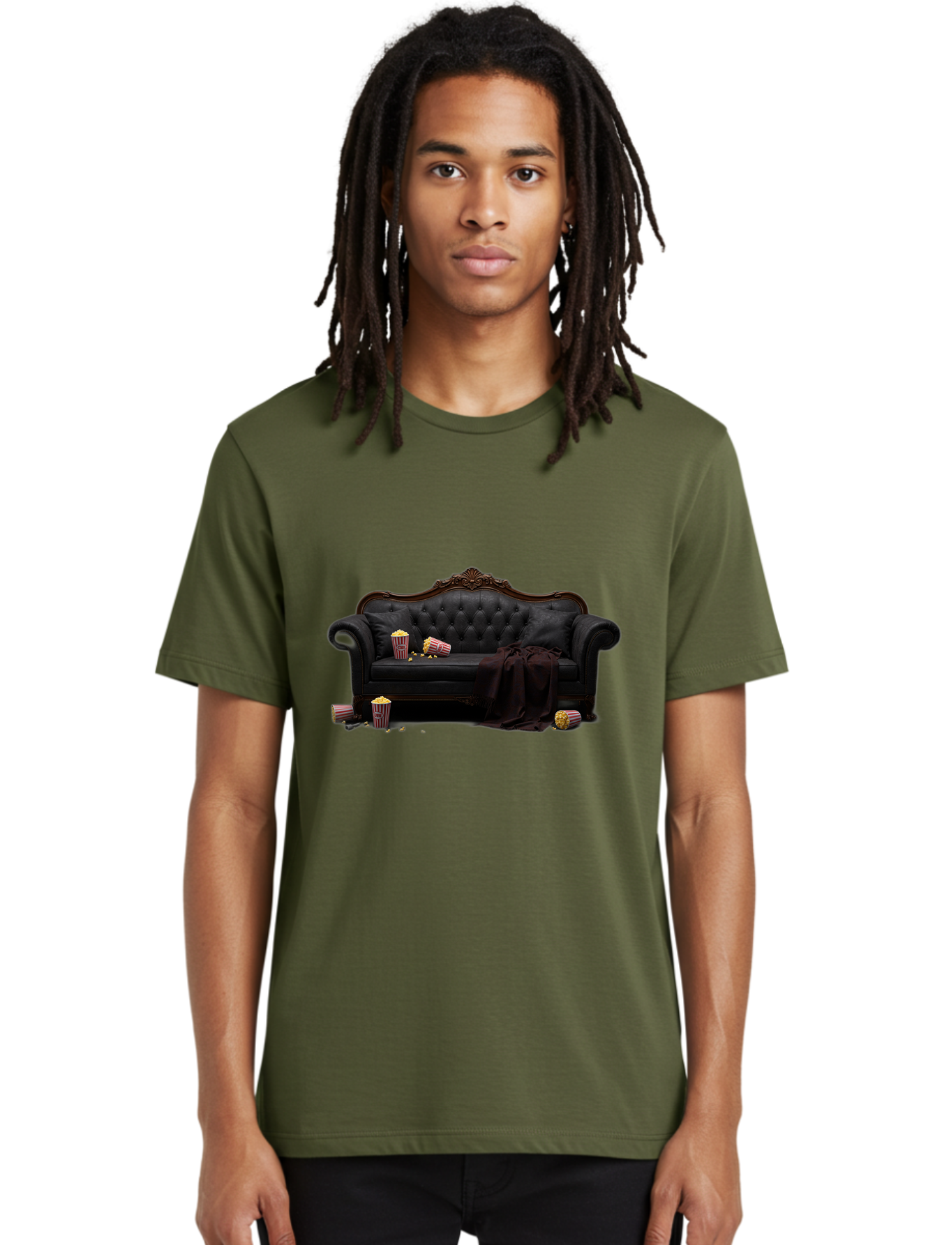 Black-Leather-Couch Men'S Graphic Tee, 100% Cotton, Comfortable Casual Summer Wear, Machine Washable, Black Leather Sofa, Tufted Design, Chocolate Brown Trim, Scattered Popcorn, Striped Popcorn Buckets, Cozy Living Room, Luxurious Furniture, Bab684