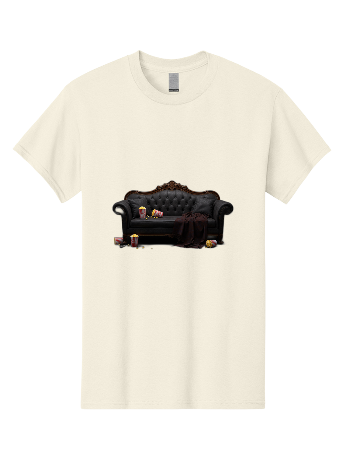 Black-Leather-Couch Men'S Graphic Tee, 100% Cotton, Comfortable Casual Summer Wear, Machine Washable, Black Leather Sofa, Tufted Design, Chocolate Brown Trim, Scattered Popcorn, Striped Popcorn Buckets, Cozy Living Room, Luxurious Furniture, Bab684