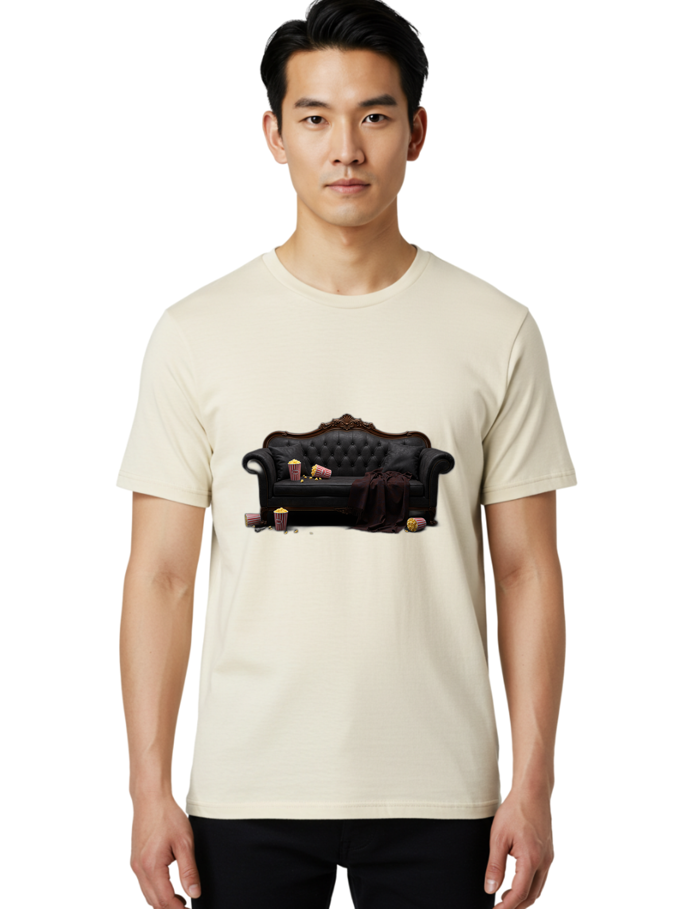 Black-Leather-Couch Men'S Graphic Tee, 100% Cotton, Comfortable Casual Summer Wear, Machine Washable, Black Leather Sofa, Tufted Design, Chocolate Brown Trim, Scattered Popcorn, Striped Popcorn Buckets, Cozy Living Room, Luxurious Furniture, Bab684