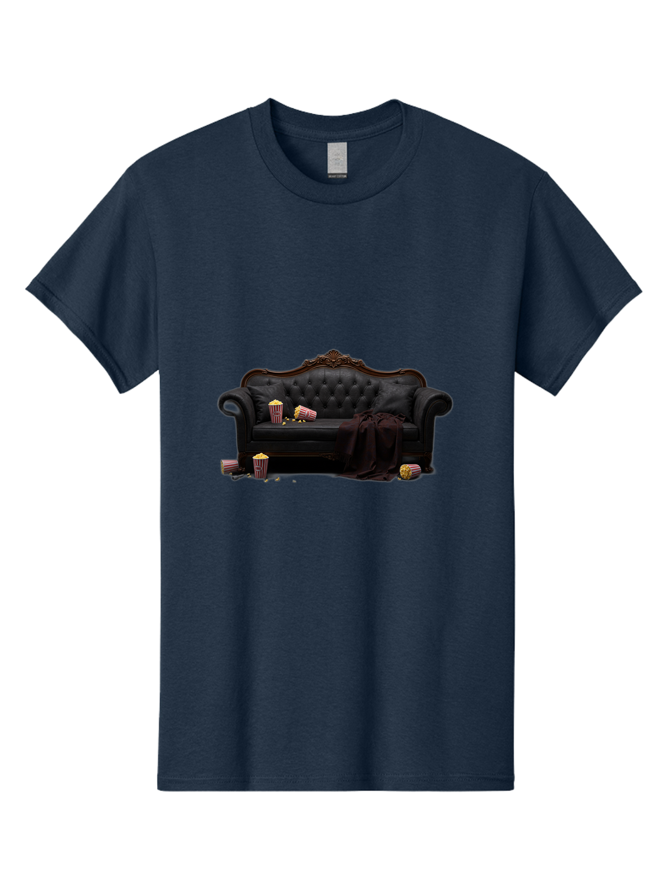 Black-Leather-Couch Men'S Graphic Tee, 100% Cotton, Comfortable Casual Summer Wear, Machine Washable, Black Leather Sofa, Tufted Design, Chocolate Brown Trim, Scattered Popcorn, Striped Popcorn Buckets, Cozy Living Room, Luxurious Furniture, Bab684