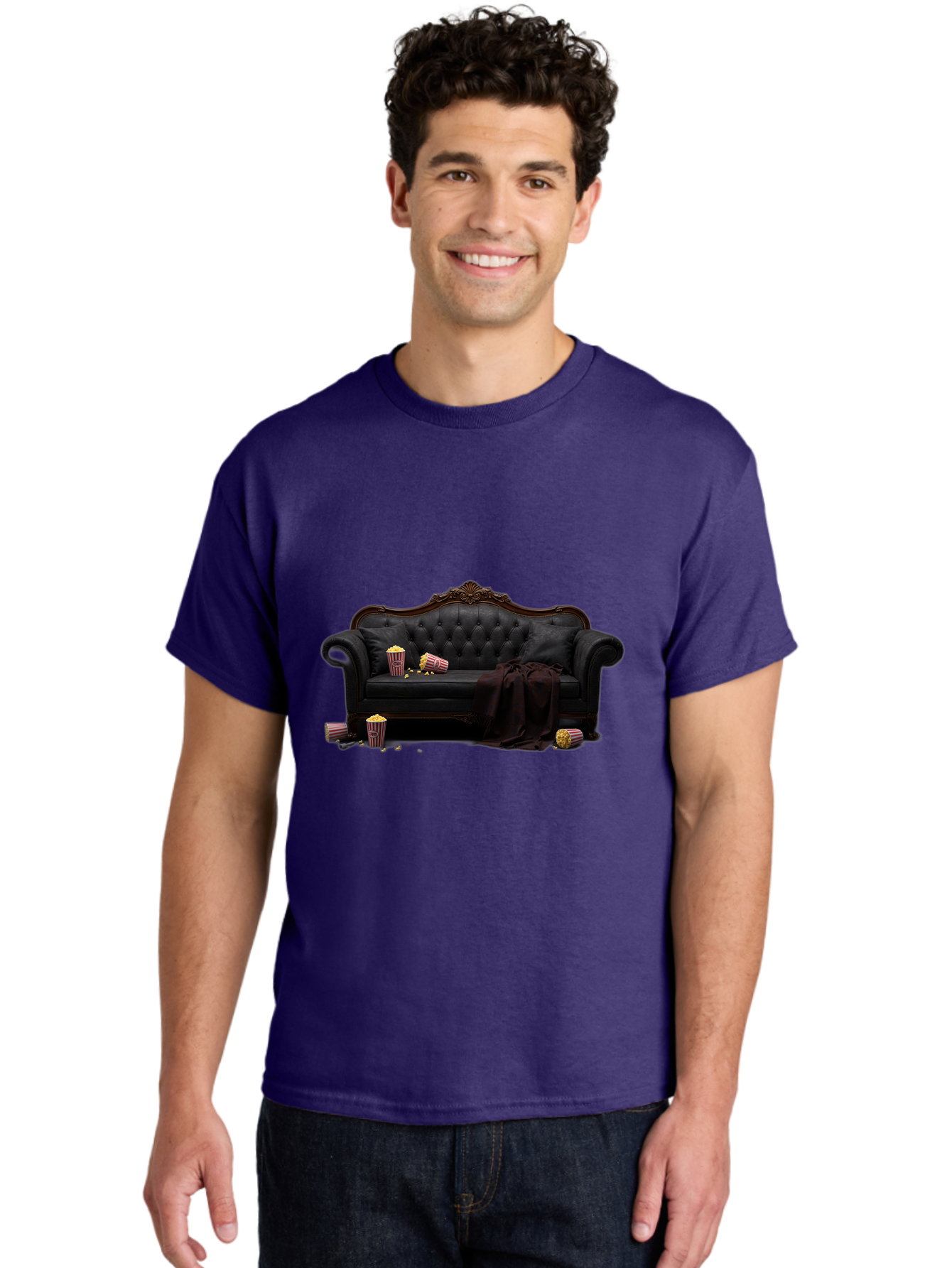 Black-Leather-Couch Men'S Graphic Tee, 100% Cotton, Comfortable Casual Summer Wear, Machine Washable, Black Leather Sofa, Tufted Design, Chocolate Brown Trim, Scattered Popcorn, Striped Popcorn Buckets, Cozy Living Room, Luxurious Furniture, Bab684