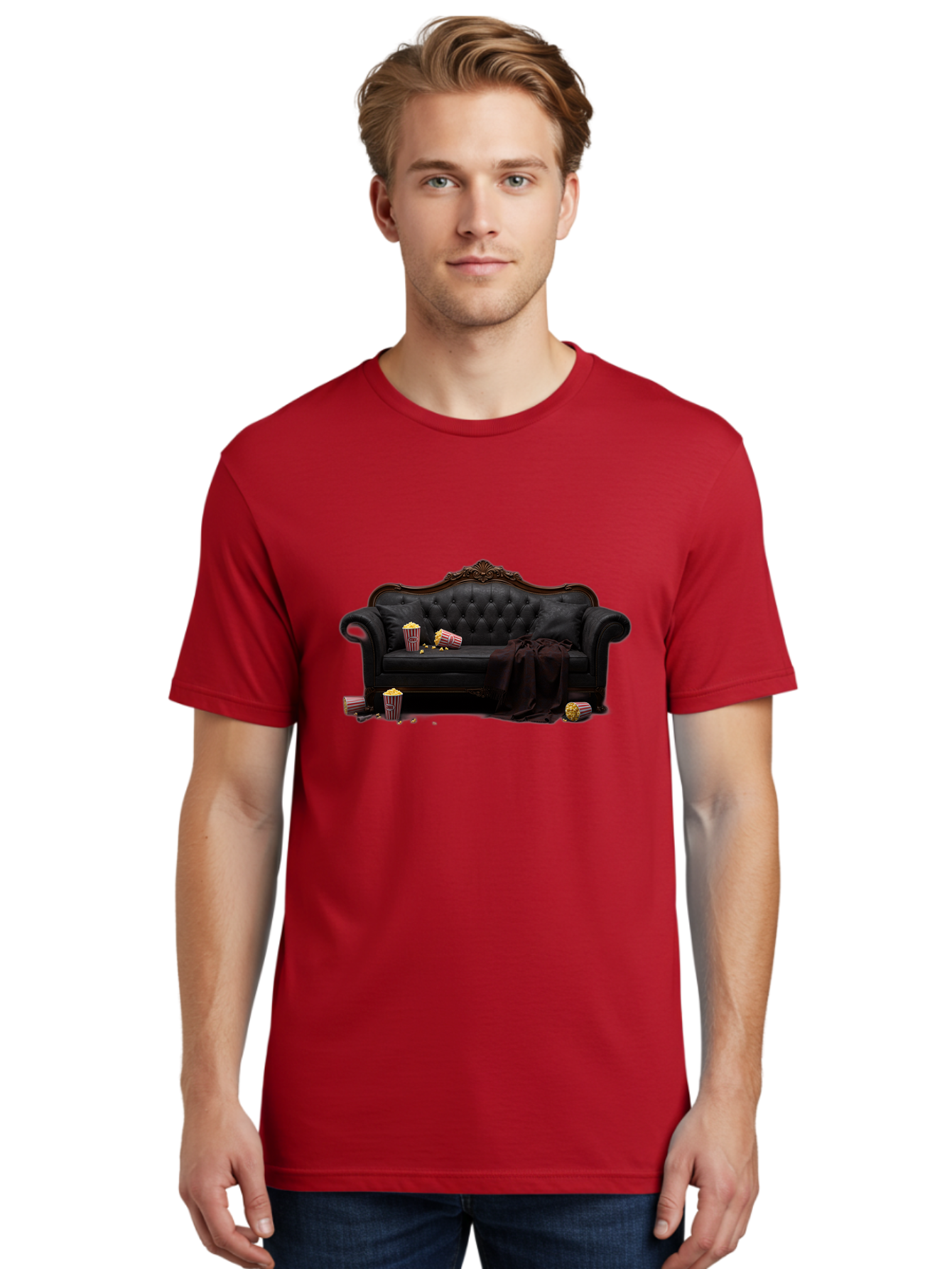 Black-Leather-Couch Men'S Graphic Tee, 100% Cotton, Comfortable Casual Summer Wear, Machine Washable, Black Leather Sofa, Tufted Design, Chocolate Brown Trim, Scattered Popcorn, Striped Popcorn Buckets, Cozy Living Room, Luxurious Furniture, Bab684
