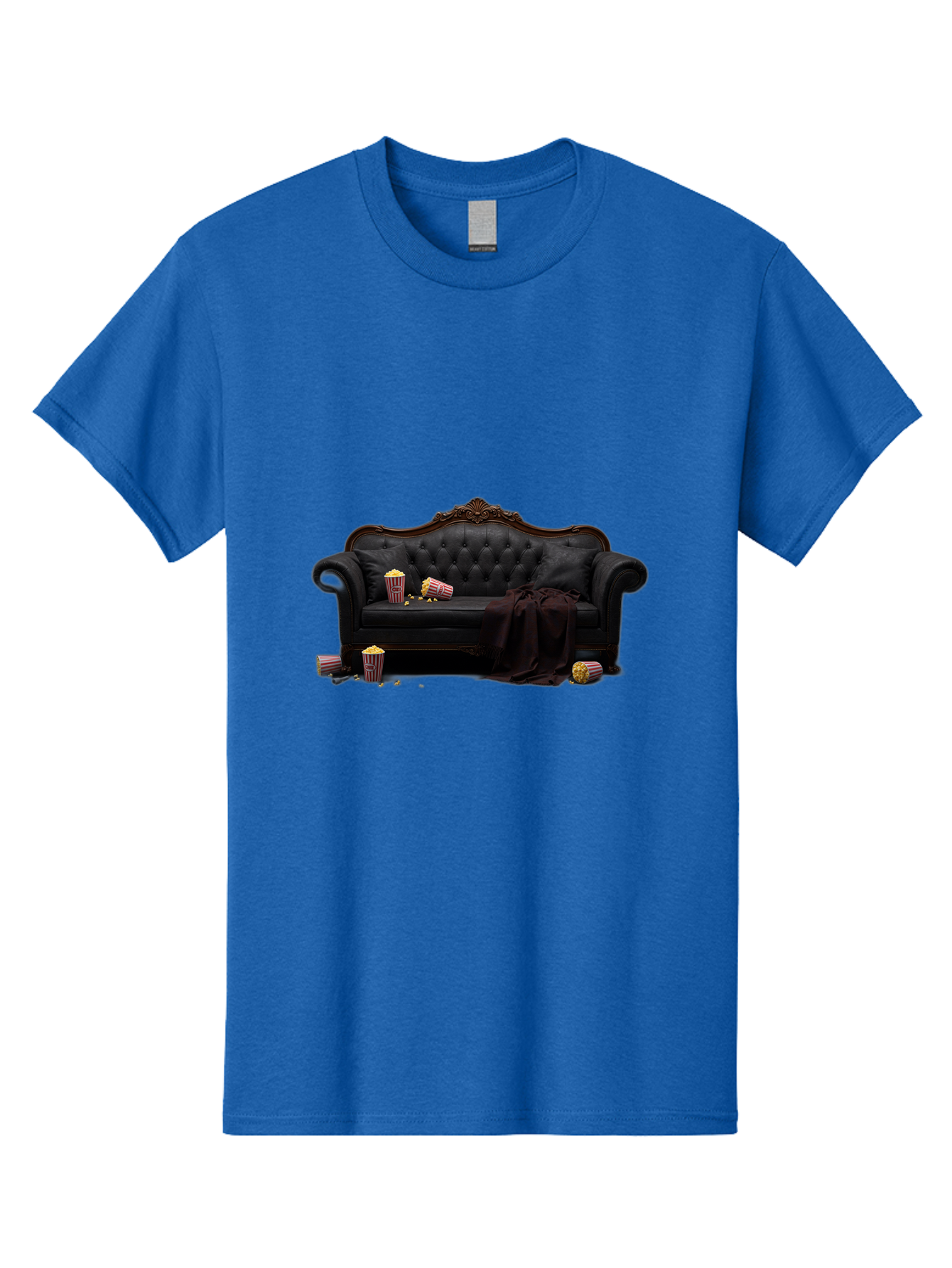 Black-Leather-Couch Men'S Graphic Tee, 100% Cotton, Comfortable Casual Summer Wear, Machine Washable, Black Leather Sofa, Tufted Design, Chocolate Brown Trim, Scattered Popcorn, Striped Popcorn Buckets, Cozy Living Room, Luxurious Furniture, Bab684