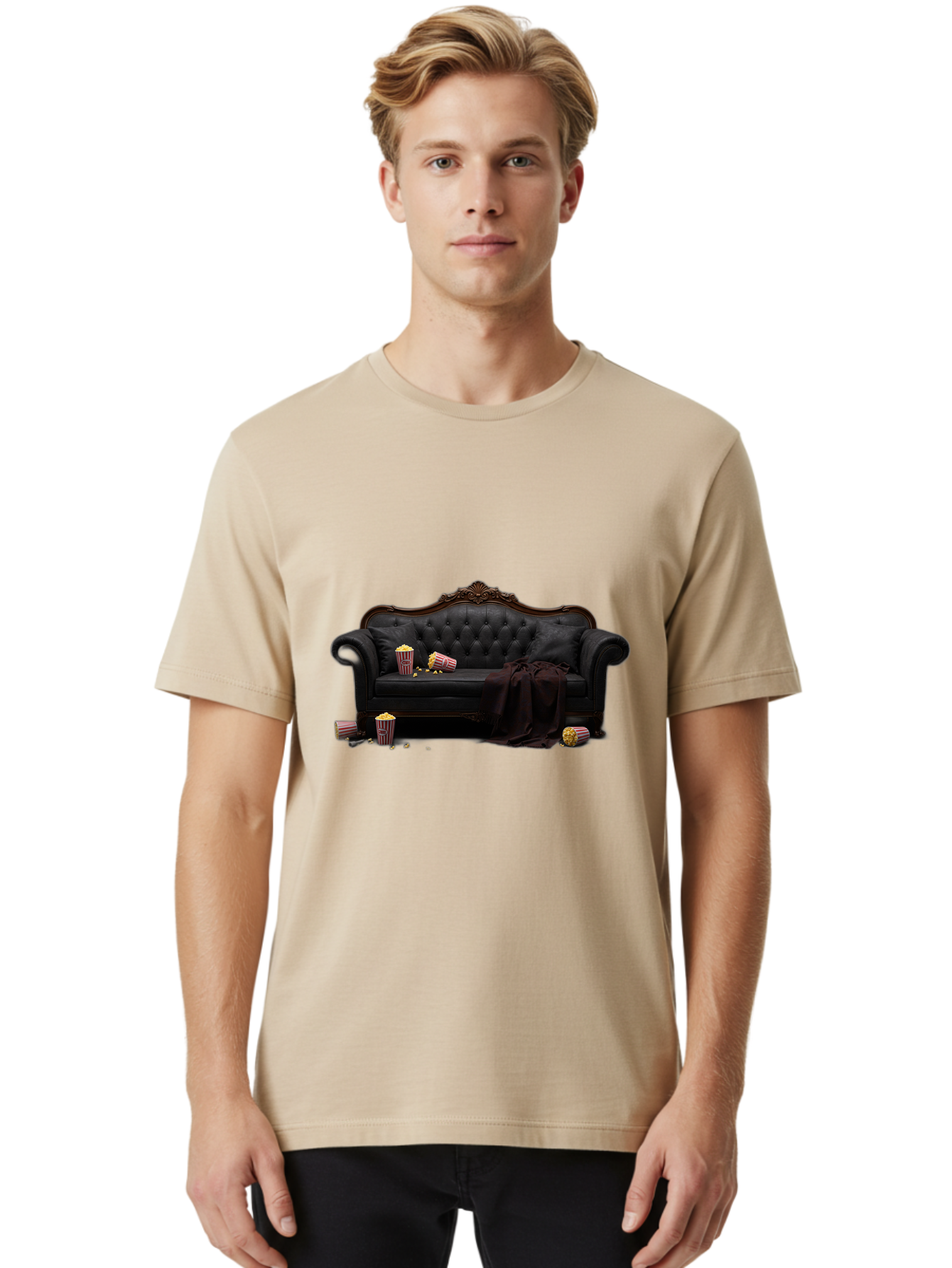 Black-Leather-Couch Men'S Graphic Tee, 100% Cotton, Comfortable Casual Summer Wear, Machine Washable, Black Leather Sofa, Tufted Design, Chocolate Brown Trim, Scattered Popcorn, Striped Popcorn Buckets, Cozy Living Room, Luxurious Furniture, Bab684