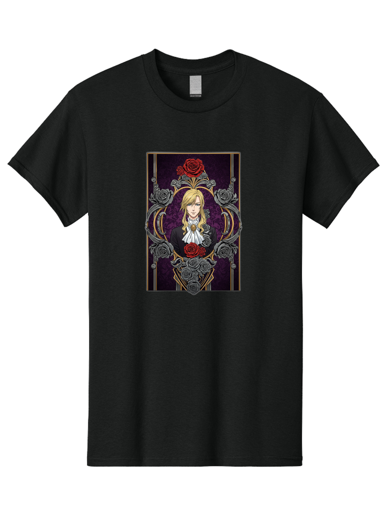 Blonde-Man-With-Roses Men'S Graphic Tee, 100% Cotton, Comfortable Casual Summer Wear, Machine Washable, Anime Character Art, Blond Man In Black Suit, White Ruffled Collar, Red And Gray Roses, Gothic Frame, Elegant Design, Intricate Details, Bab686