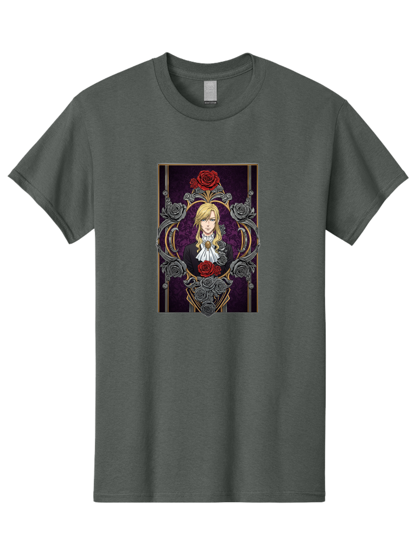 Blonde-Man-With-Roses Men'S Graphic Tee, 100% Cotton, Comfortable Casual Summer Wear, Machine Washable, Anime Character Art, Blond Man In Black Suit, White Ruffled Collar, Red And Gray Roses, Gothic Frame, Elegant Design, Intricate Details, Bab686