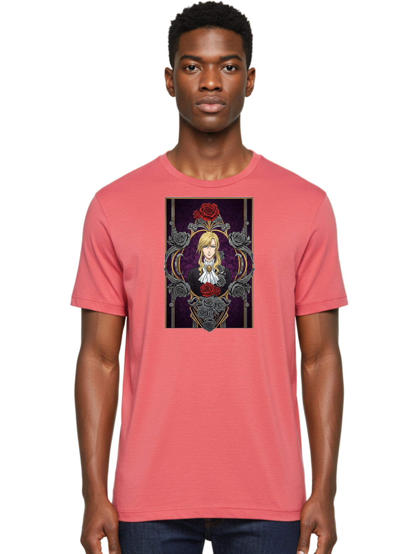 Blonde-Man-With-Roses Men'S Graphic Tee, 100% Cotton, Comfortable Casual Summer Wear, Machine Washable, Anime Character Art, Blond Man In Black Suit, White Ruffled Collar, Red And Gray Roses, Gothic Frame, Elegant Design, Intricate Details, Bab686