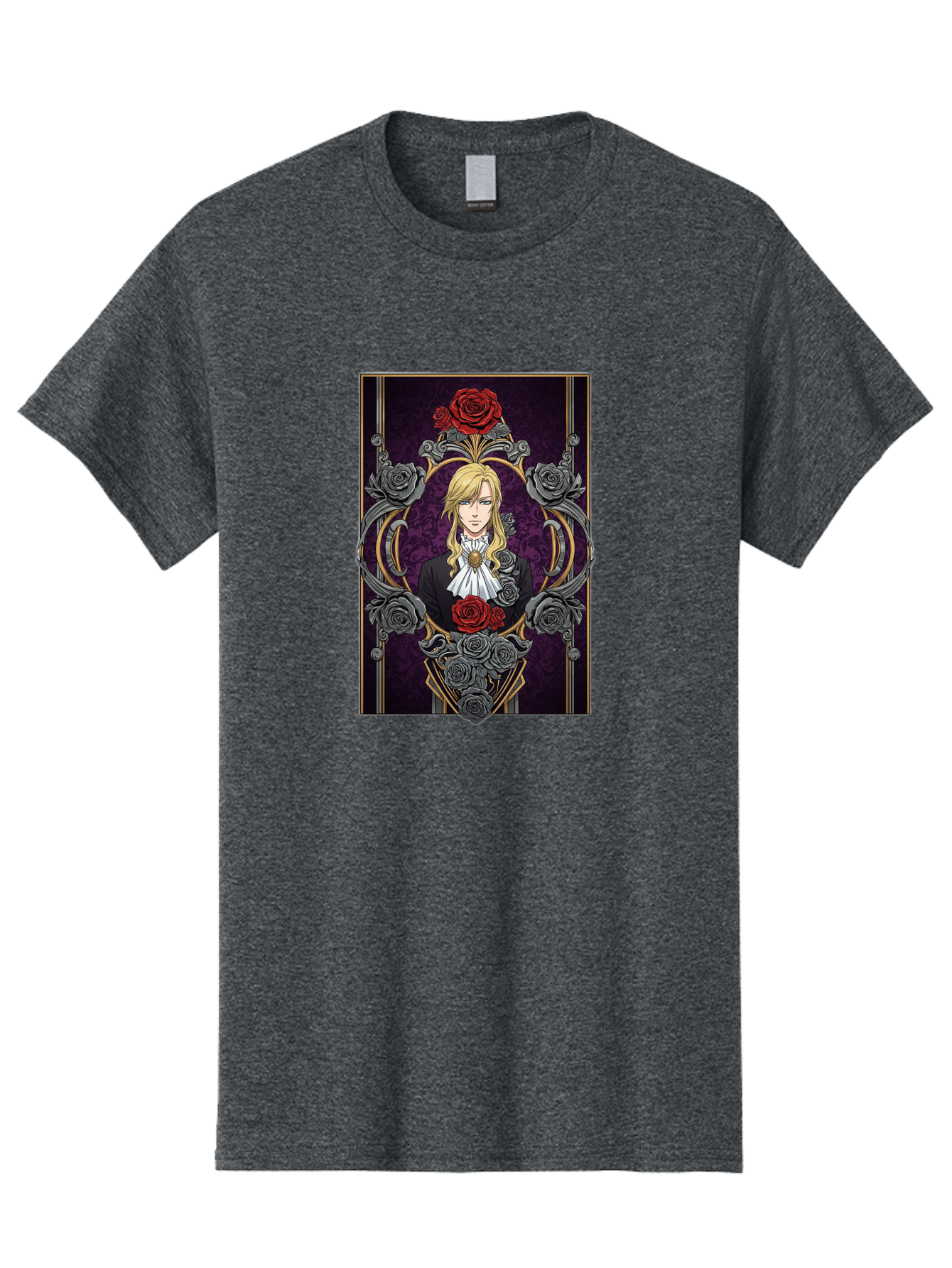 Blonde-Man-With-Roses Men'S Graphic Tee, 100% Cotton, Comfortable Casual Summer Wear, Machine Washable, Anime Character Art, Blond Man In Black Suit, White Ruffled Collar, Red And Gray Roses, Gothic Frame, Elegant Design, Intricate Details, Bab686