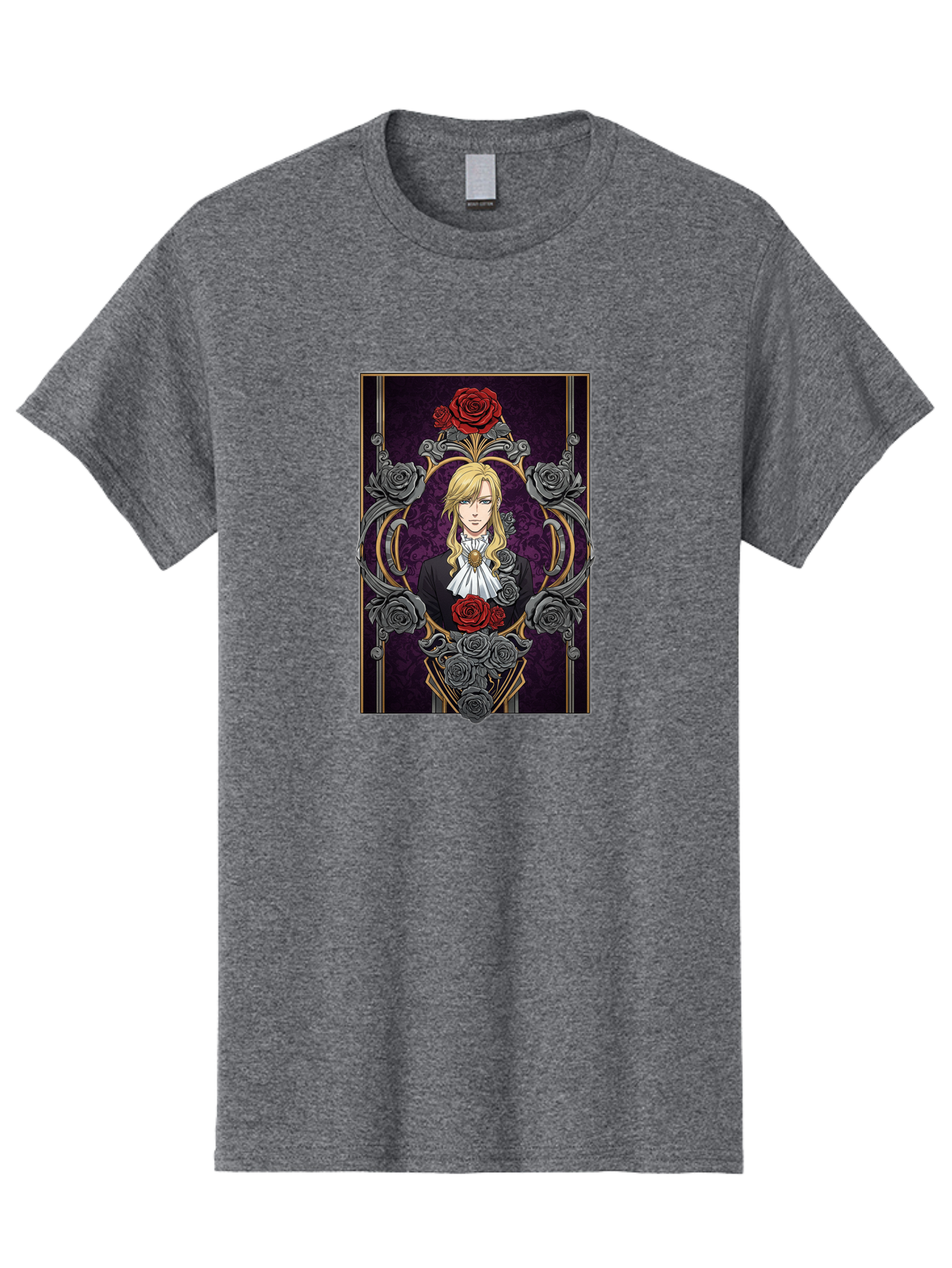 Blonde-Man-With-Roses Men'S Graphic Tee, 100% Cotton, Comfortable Casual Summer Wear, Machine Washable, Anime Character Art, Blond Man In Black Suit, White Ruffled Collar, Red And Gray Roses, Gothic Frame, Elegant Design, Intricate Details, Bab686