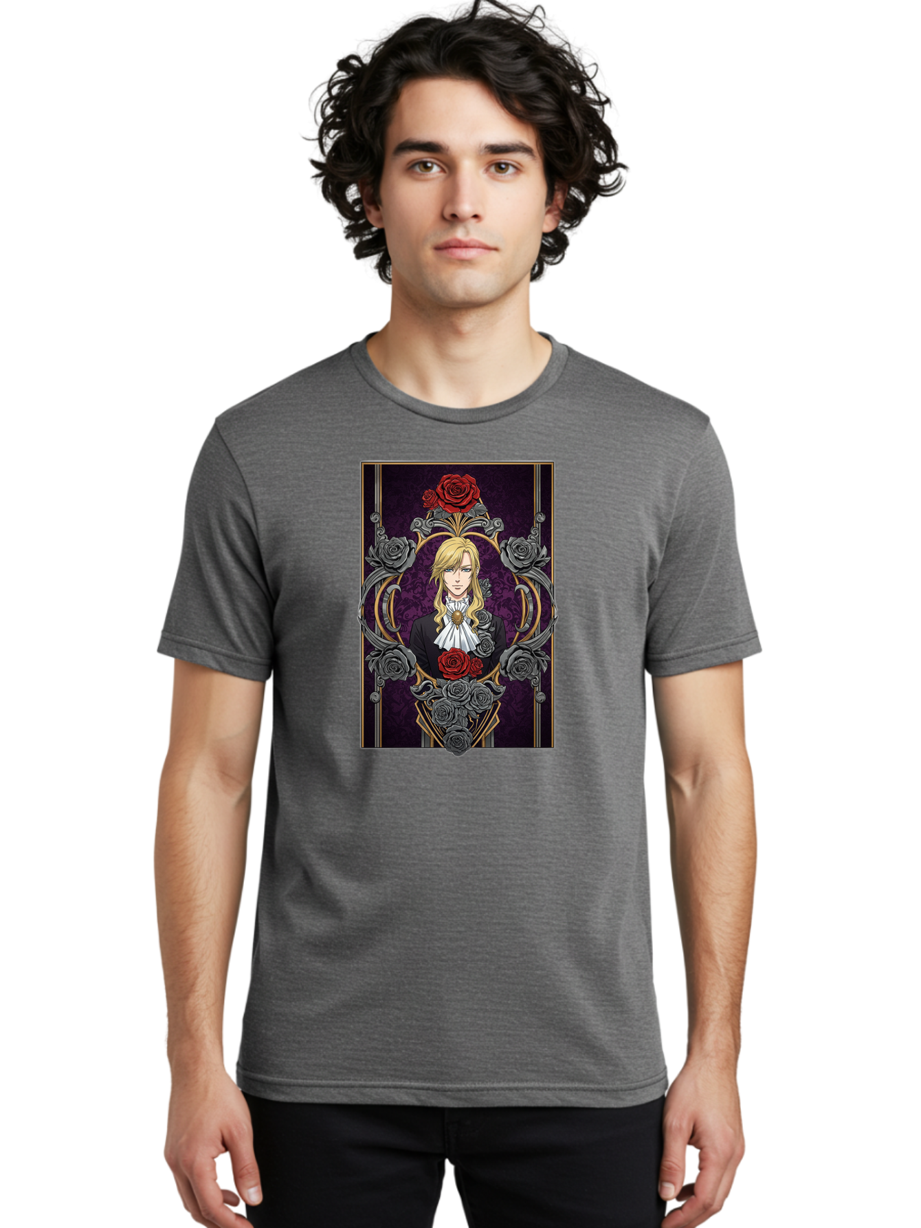 Blonde-Man-With-Roses Men'S Graphic Tee, 100% Cotton, Comfortable Casual Summer Wear, Machine Washable, Anime Character Art, Blond Man In Black Suit, White Ruffled Collar, Red And Gray Roses, Gothic Frame, Elegant Design, Intricate Details, Bab686