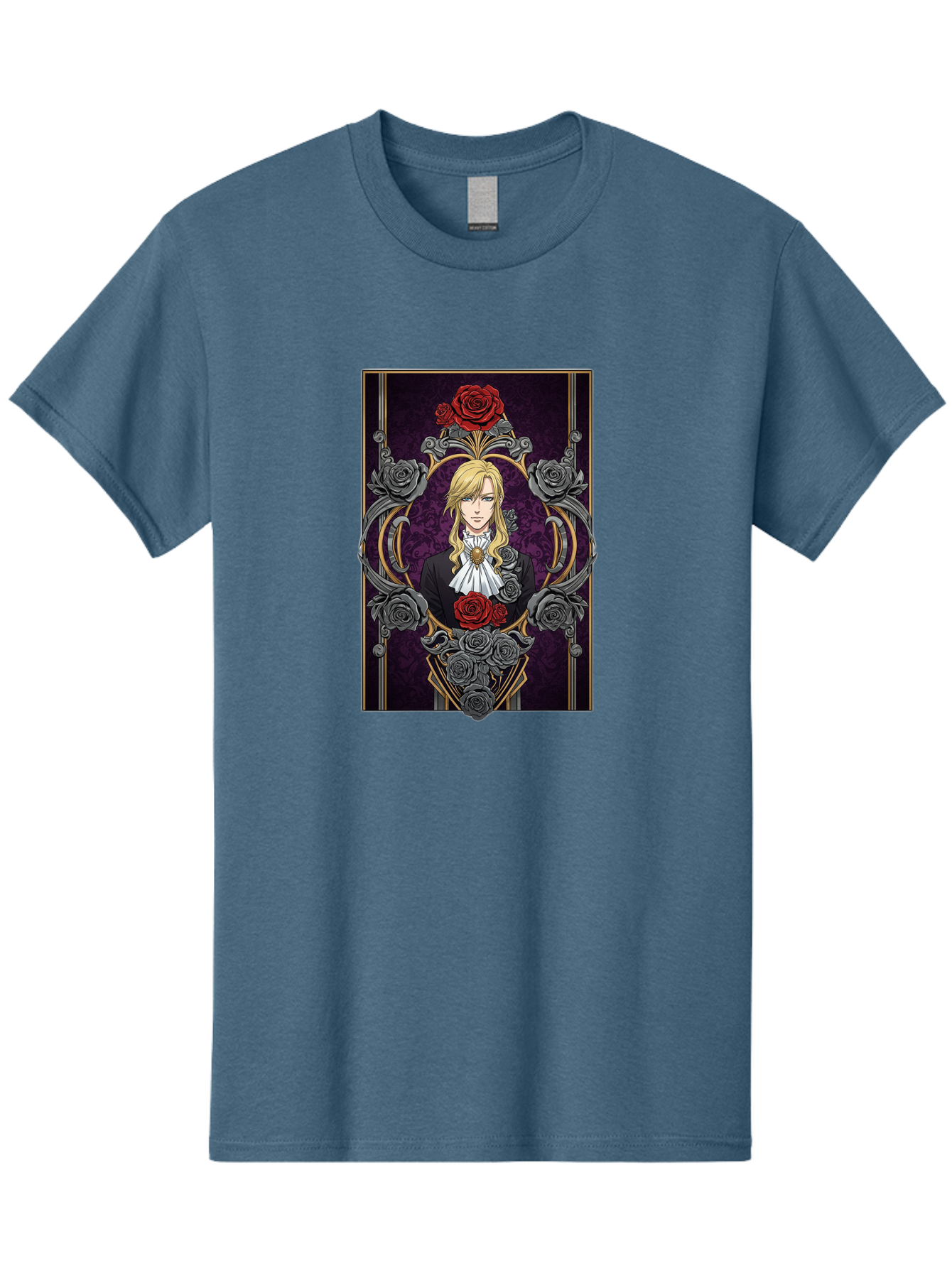 Blonde-Man-With-Roses Men'S Graphic Tee, 100% Cotton, Comfortable Casual Summer Wear, Machine Washable, Anime Character Art, Blond Man In Black Suit, White Ruffled Collar, Red And Gray Roses, Gothic Frame, Elegant Design, Intricate Details, Bab686