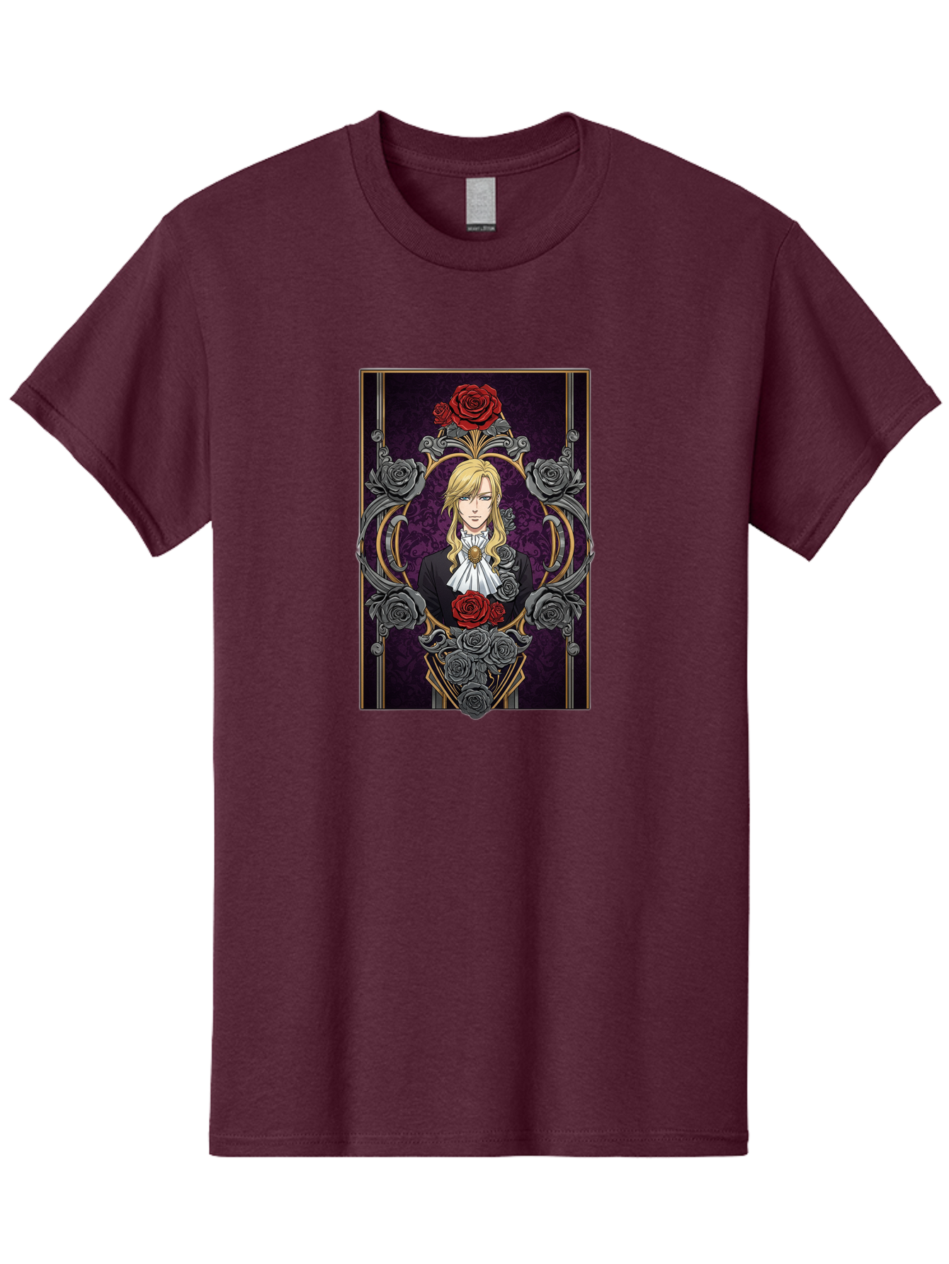 Blonde-Man-With-Roses Men'S Graphic Tee, 100% Cotton, Comfortable Casual Summer Wear, Machine Washable, Anime Character Art, Blond Man In Black Suit, White Ruffled Collar, Red And Gray Roses, Gothic Frame, Elegant Design, Intricate Details, Bab686