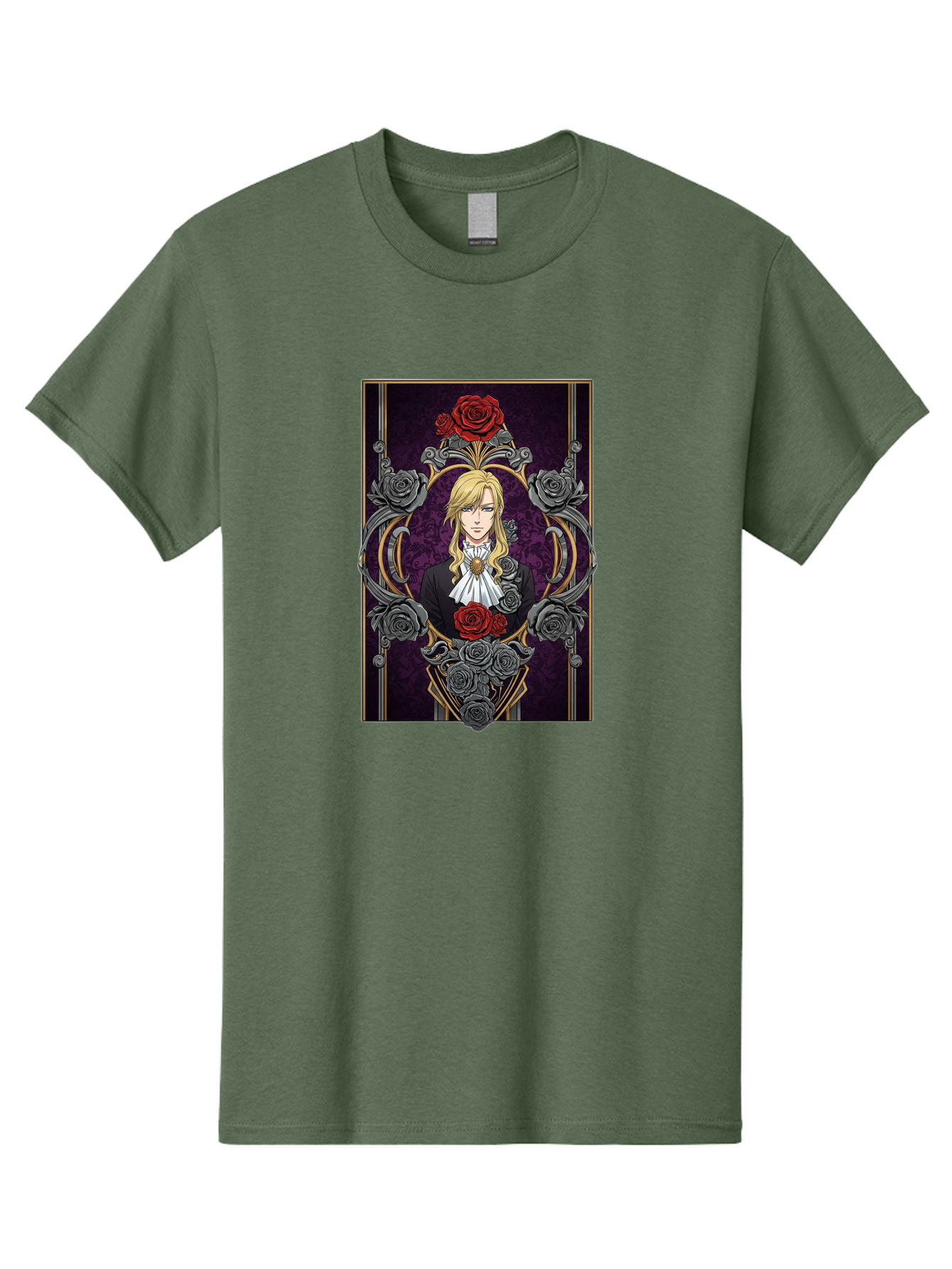 Blonde-Man-With-Roses Men'S Graphic Tee, 100% Cotton, Comfortable Casual Summer Wear, Machine Washable, Anime Character Art, Blond Man In Black Suit, White Ruffled Collar, Red And Gray Roses, Gothic Frame, Elegant Design, Intricate Details, Bab686
