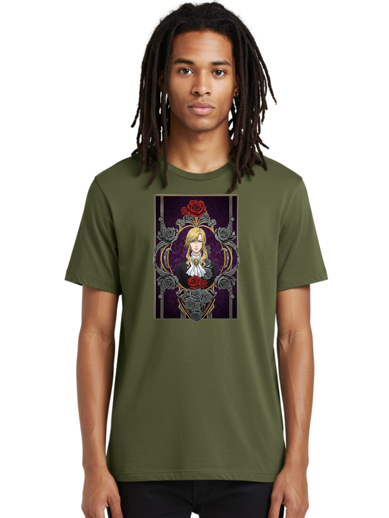 Blonde-Man-With-Roses Men'S Graphic Tee, 100% Cotton, Comfortable Casual Summer Wear, Machine Washable, Anime Character Art, Blond Man In Black Suit, White Ruffled Collar, Red And Gray Roses, Gothic Frame, Elegant Design, Intricate Details, Bab686