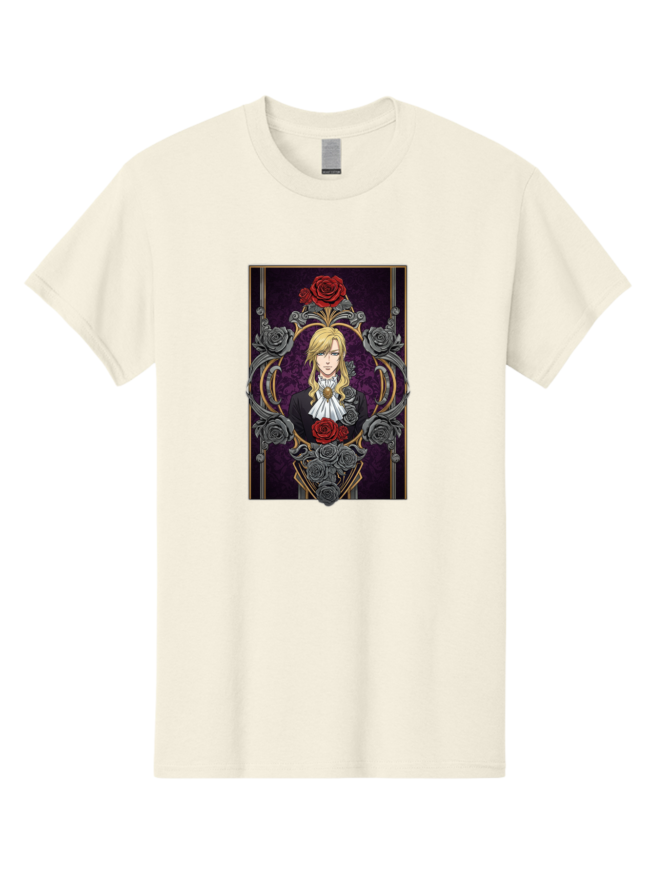 Blonde-Man-With-Roses Men'S Graphic Tee, 100% Cotton, Comfortable Casual Summer Wear, Machine Washable, Anime Character Art, Blond Man In Black Suit, White Ruffled Collar, Red And Gray Roses, Gothic Frame, Elegant Design, Intricate Details, Bab686
