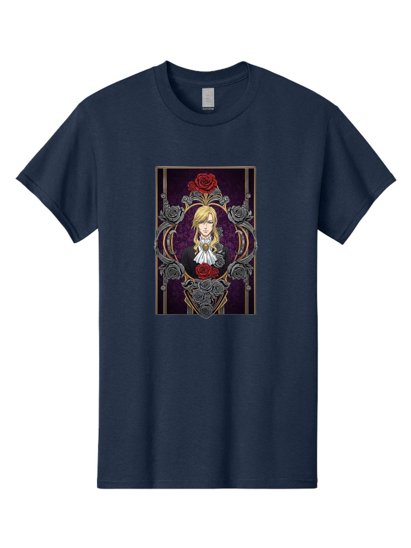 Blonde-Man-With-Roses Men'S Graphic Tee, 100% Cotton, Comfortable Casual Summer Wear, Machine Washable, Anime Character Art, Blond Man In Black Suit, White Ruffled Collar, Red And Gray Roses, Gothic Frame, Elegant Design, Intricate Details, Bab686