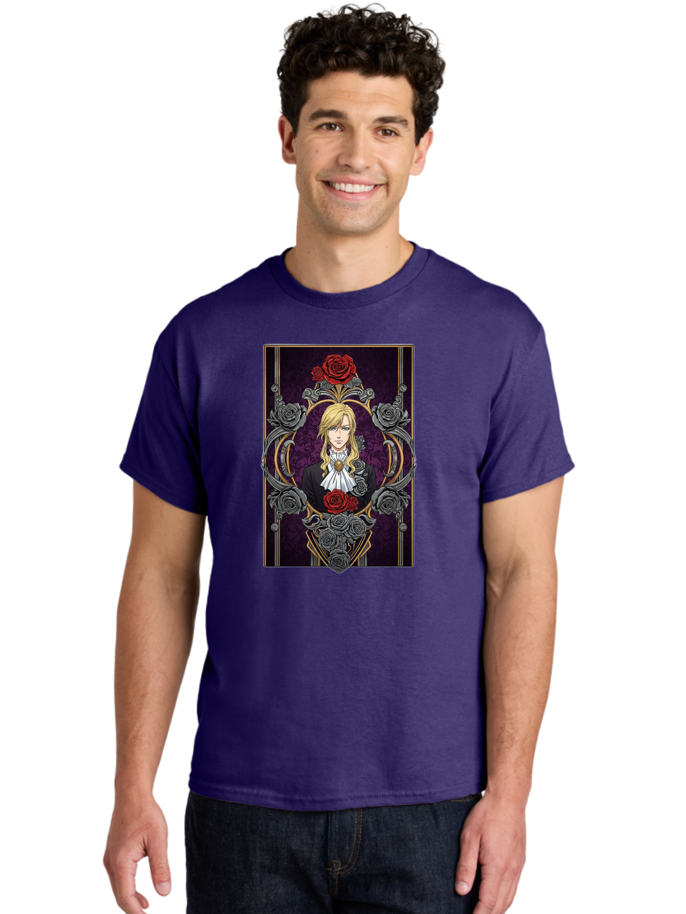 Blonde-Man-With-Roses Men'S Graphic Tee, 100% Cotton, Comfortable Casual Summer Wear, Machine Washable, Anime Character Art, Blond Man In Black Suit, White Ruffled Collar, Red And Gray Roses, Gothic Frame, Elegant Design, Intricate Details, Bab686