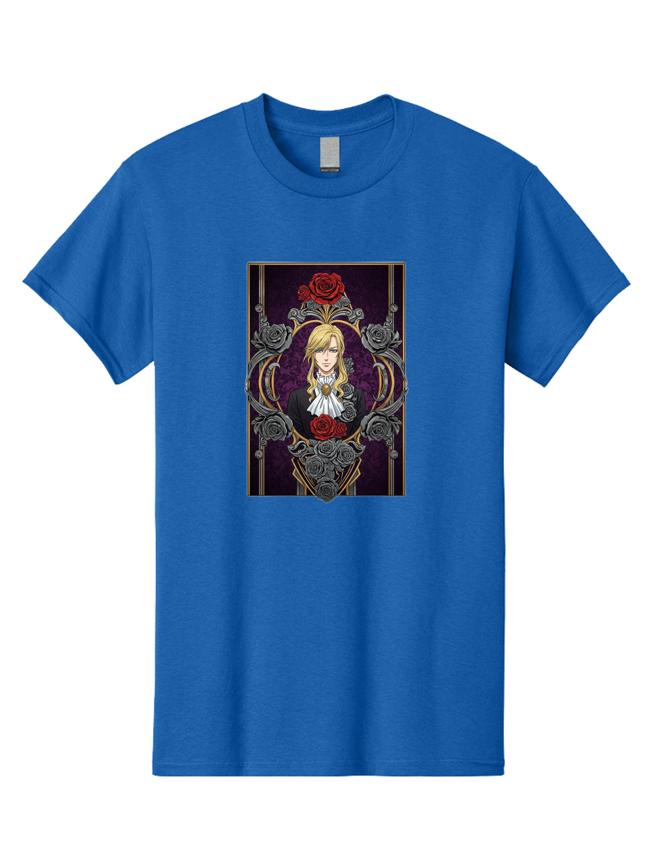 Blonde-Man-With-Roses Men'S Graphic Tee, 100% Cotton, Comfortable Casual Summer Wear, Machine Washable, Anime Character Art, Blond Man In Black Suit, White Ruffled Collar, Red And Gray Roses, Gothic Frame, Elegant Design, Intricate Details, Bab686
