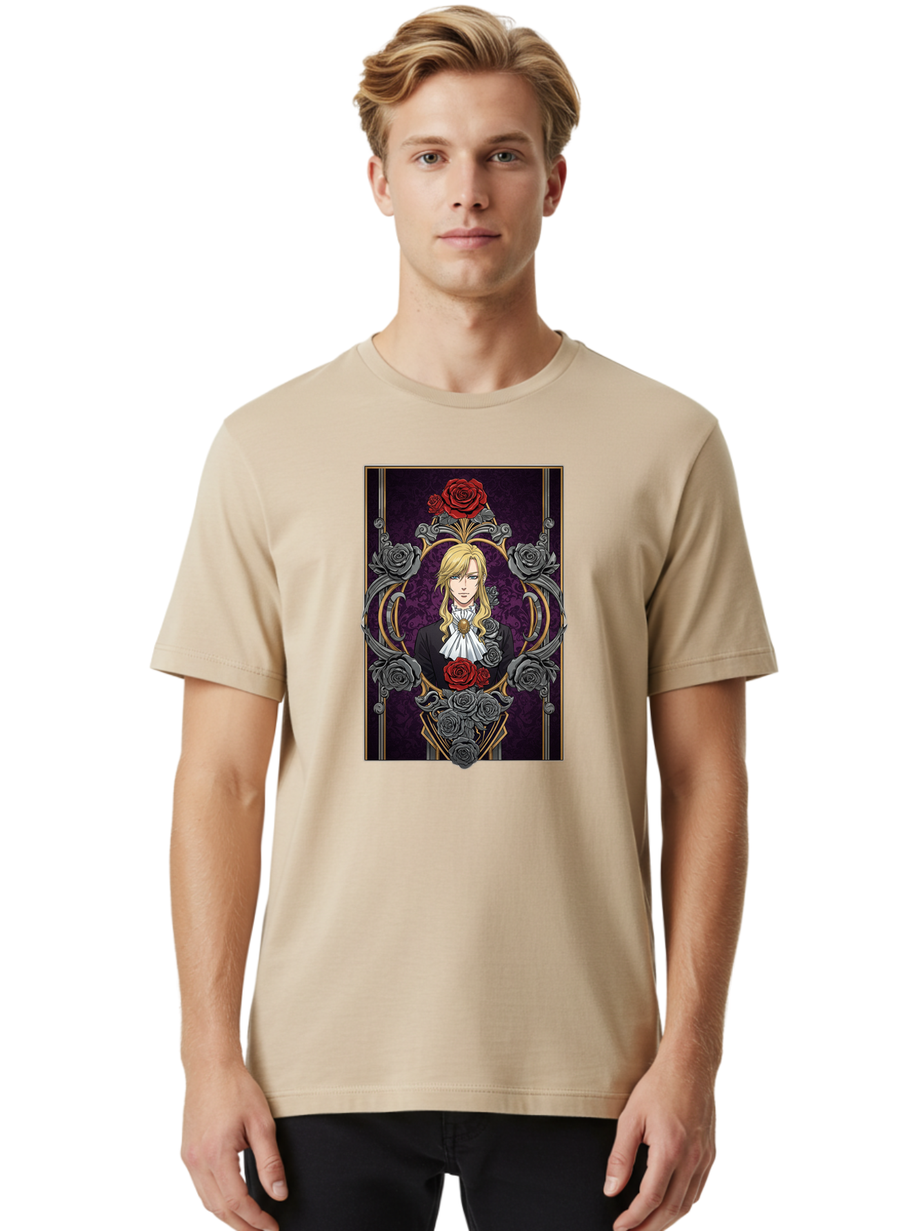 Blonde-Man-With-Roses Men'S Graphic Tee, 100% Cotton, Comfortable Casual Summer Wear, Machine Washable, Anime Character Art, Blond Man In Black Suit, White Ruffled Collar, Red And Gray Roses, Gothic Frame, Elegant Design, Intricate Details, Bab686