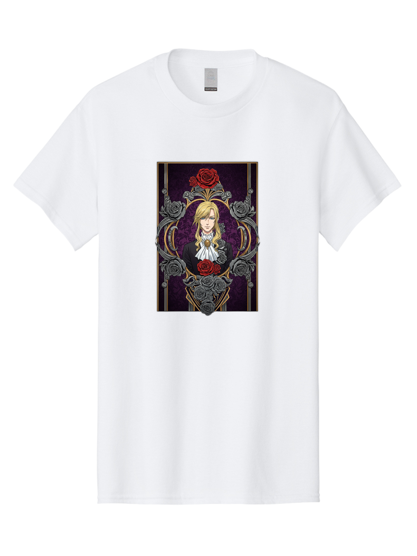 Blonde-Man-With-Roses Men'S Graphic Tee, 100% Cotton, Comfortable Casual Summer Wear, Machine Washable, Anime Character Art, Blond Man In Black Suit, White Ruffled Collar, Red And Gray Roses, Gothic Frame, Elegant Design, Intricate Details, Bab686